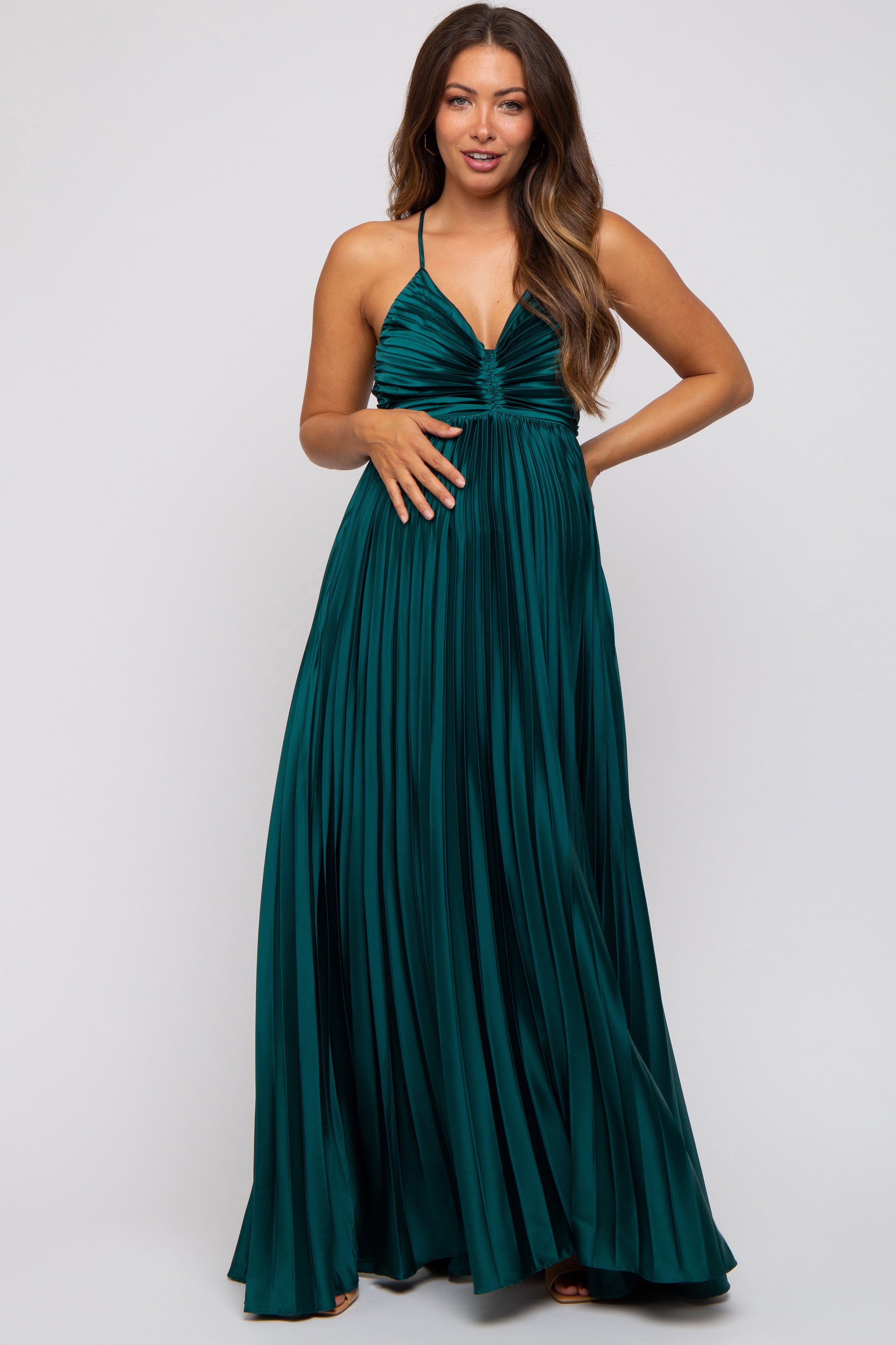 Forest Green Satin Pleated Cutout Maternity Gown sold by Pinkblush product image thumbnail 3
