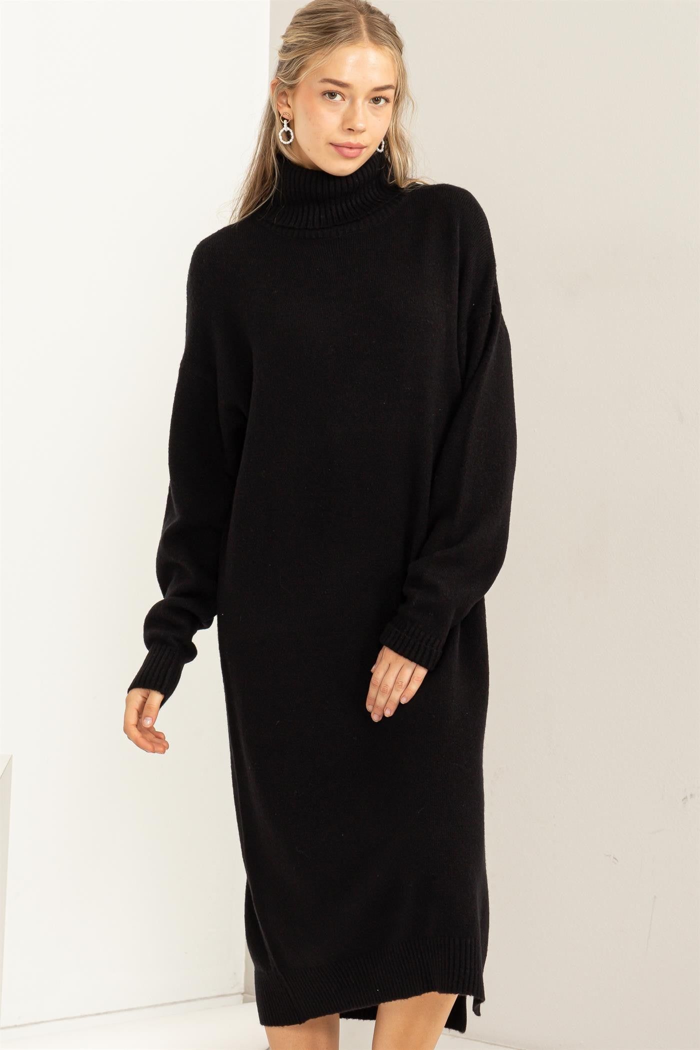 Black Turtleneck Side Slit Sweater Midi Dress sold by Pinkblush product image thumbnail 4