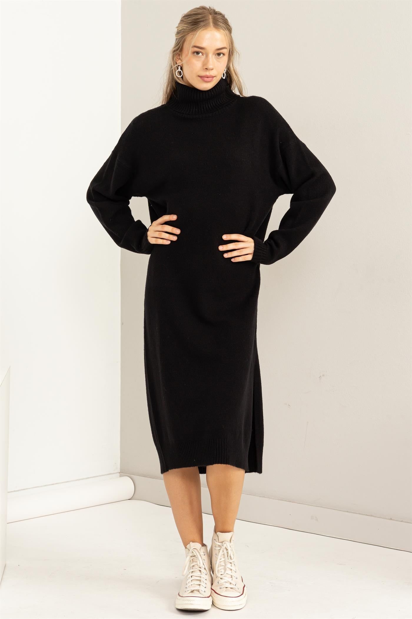 Black Turtleneck Side Slit Sweater Midi Dress sold by Pinkblush