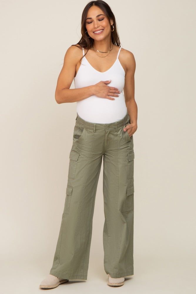 Olive Maternity Double Pocket Wide Leg Cargo Pants sold by Pinkblush