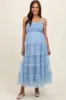 Light Blue Smocked Ruffle Tiered Tulle Maternity Midi Dress sold by Pinkblush