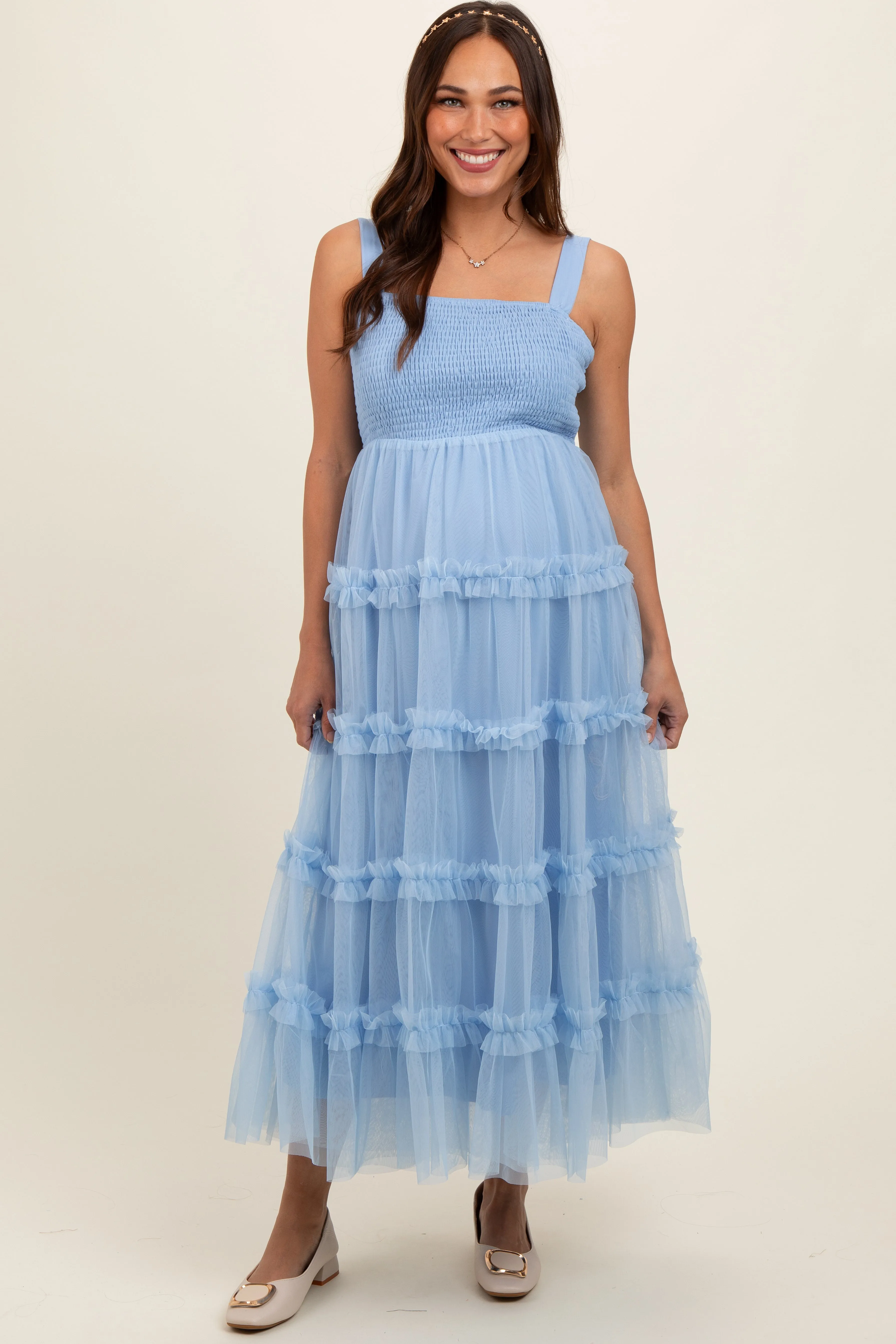 Light Blue Smocked Ruffle Tiered Tulle Maternity Midi Dress sold by Pinkblush product image thumbnail 3