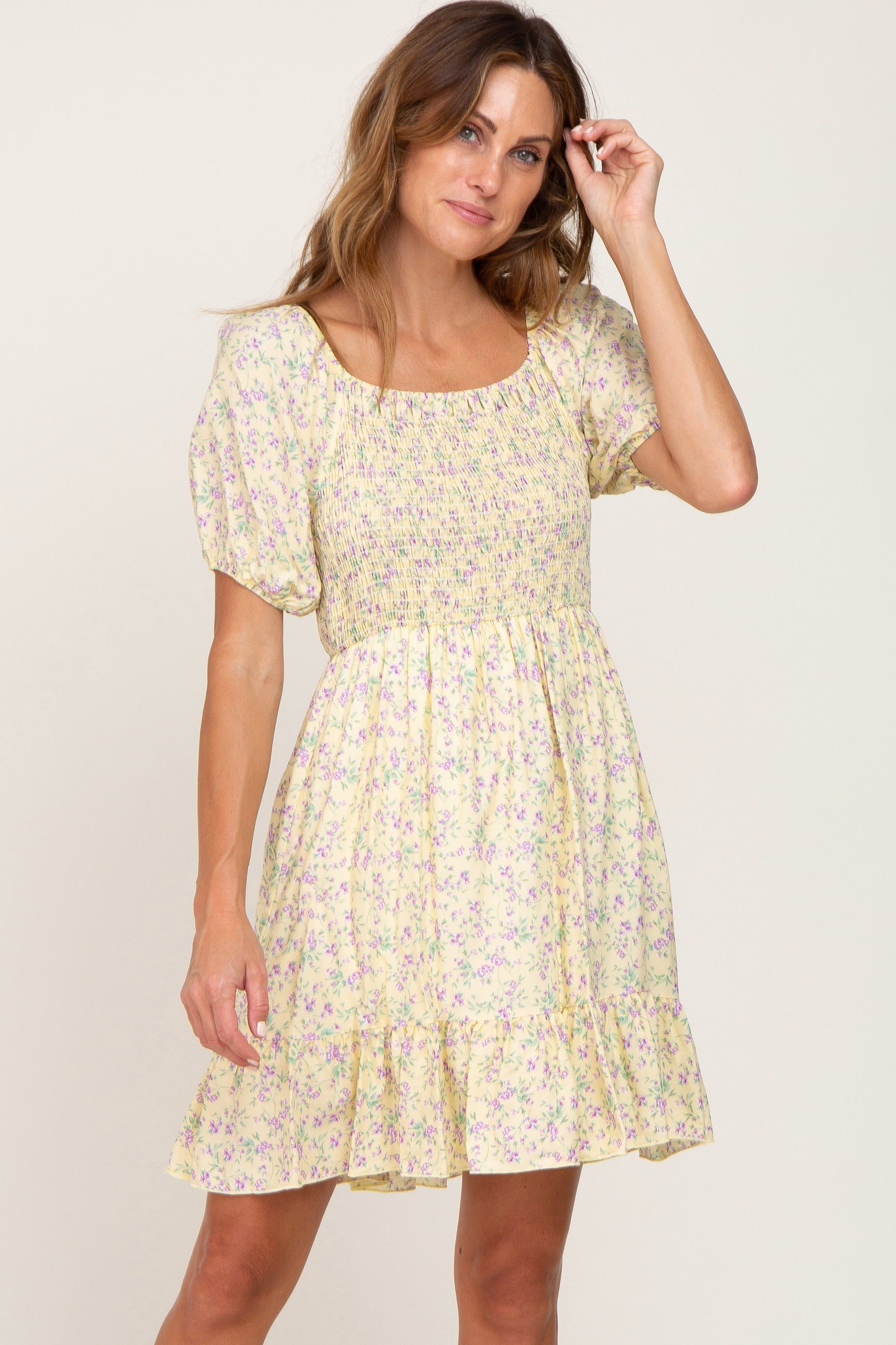 Yellow Floral Smocked Puff Sleeve Dress sold by Pinkblush