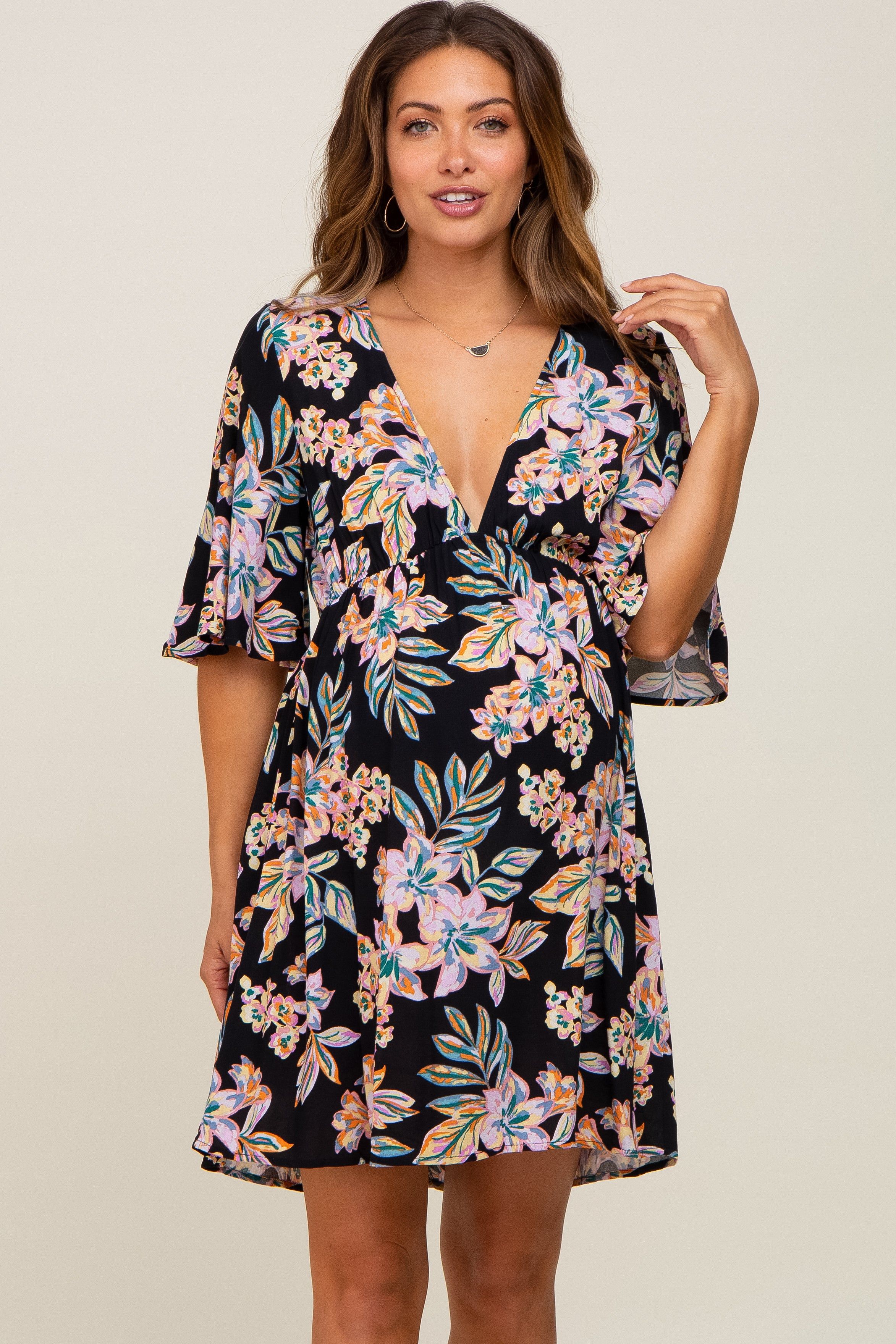 Black Floral Deep V-Neck Maternity Dress sold by Pinkblush