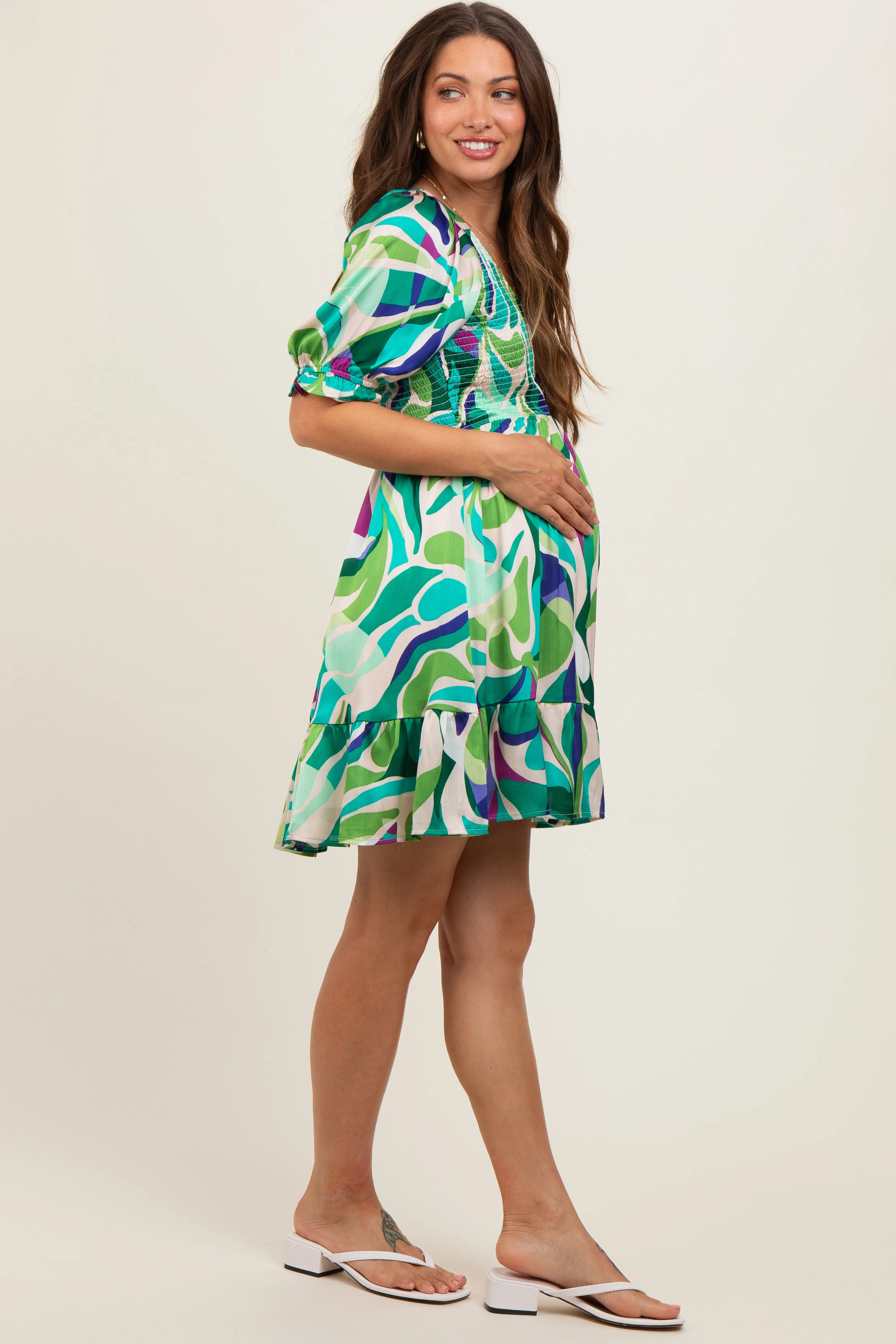 Emerald Green Abstract Print Smocked Maternity Dress sold by Pinkblush product image thumbnail 3