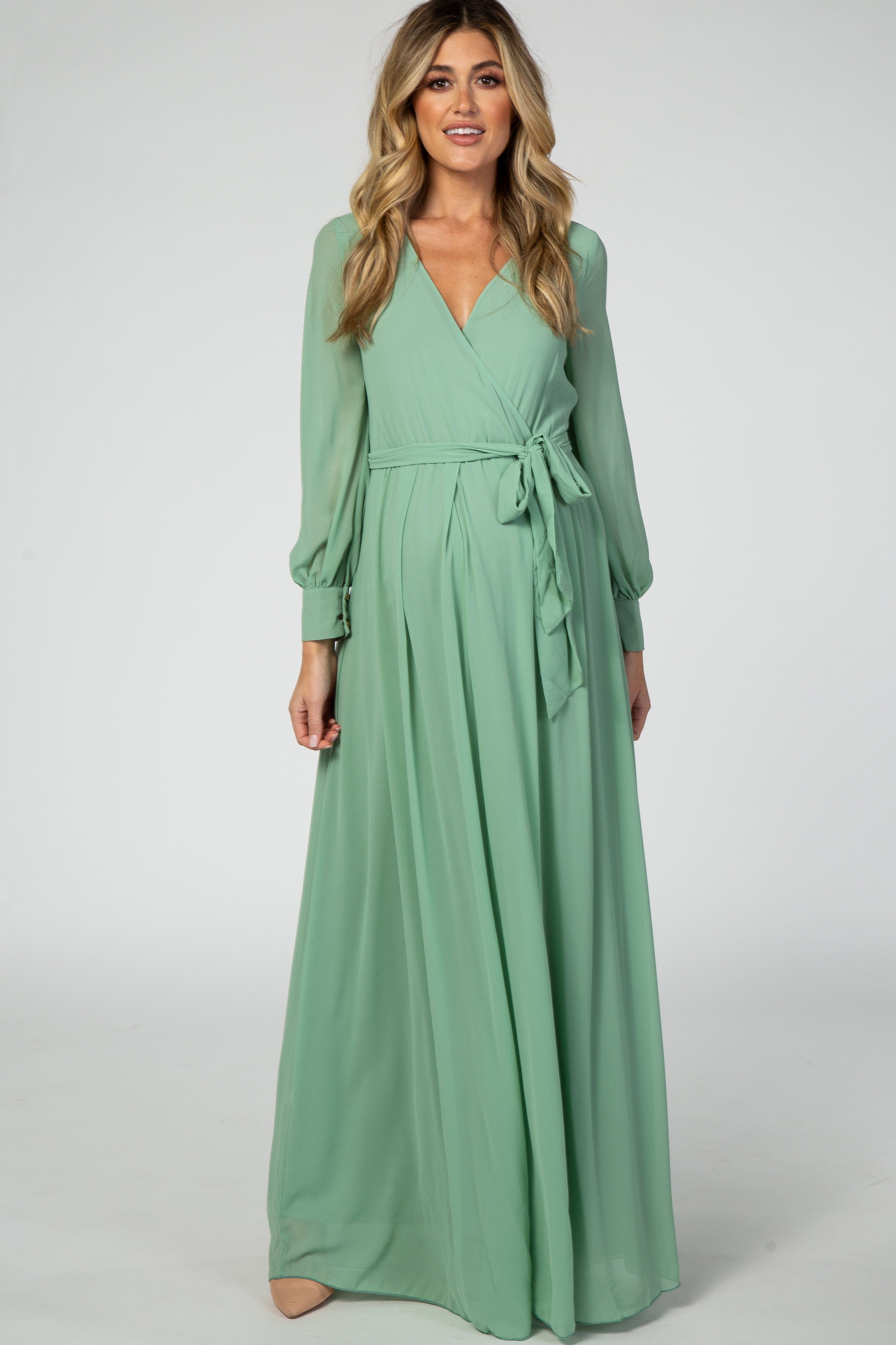 Mint Green Chiffon Maternity Maxi Dress sold by Pinkblush