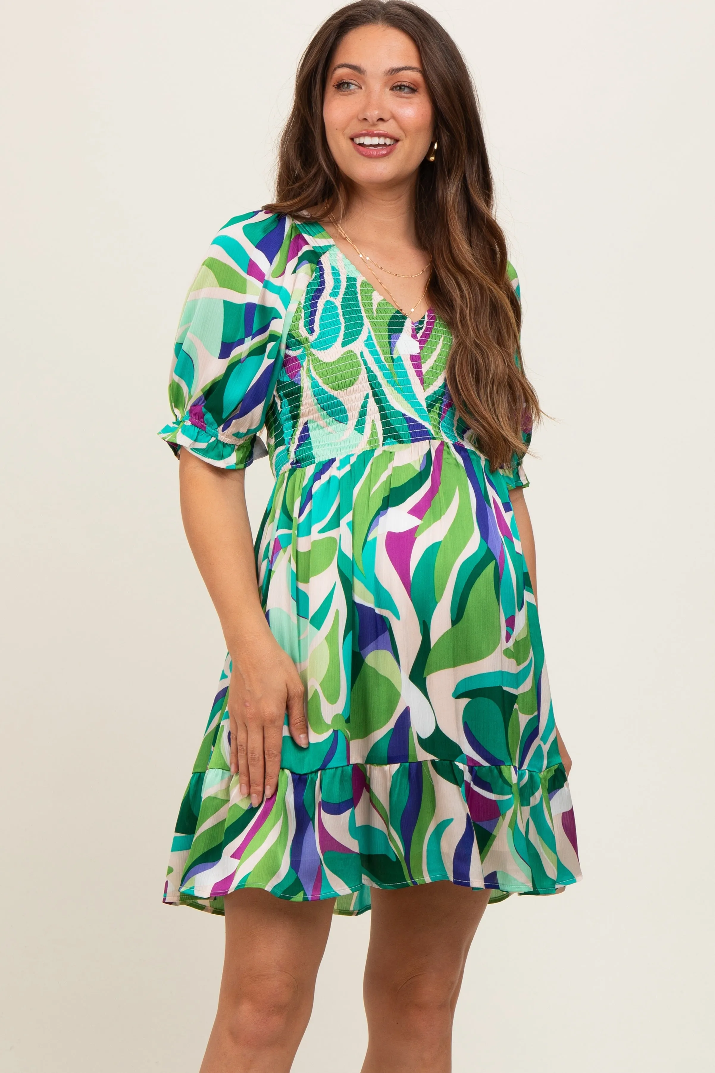 Emerald Green Abstract Print Smocked Maternity Dress sold by Pinkblush
