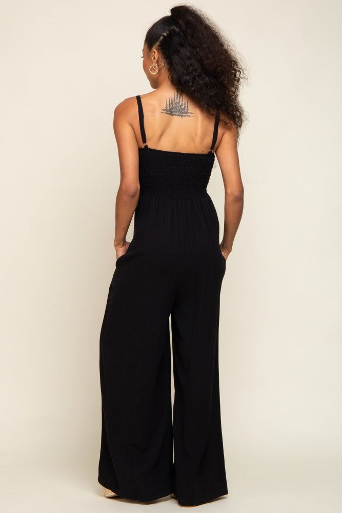 Black Smocked Linen Wide Leg Jumpsuit sold by Pinkblush product image thumbnail 3