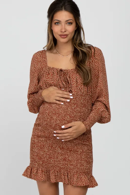 Rust Leaf Print Smocked Maternity Dress sold by Pinkblush