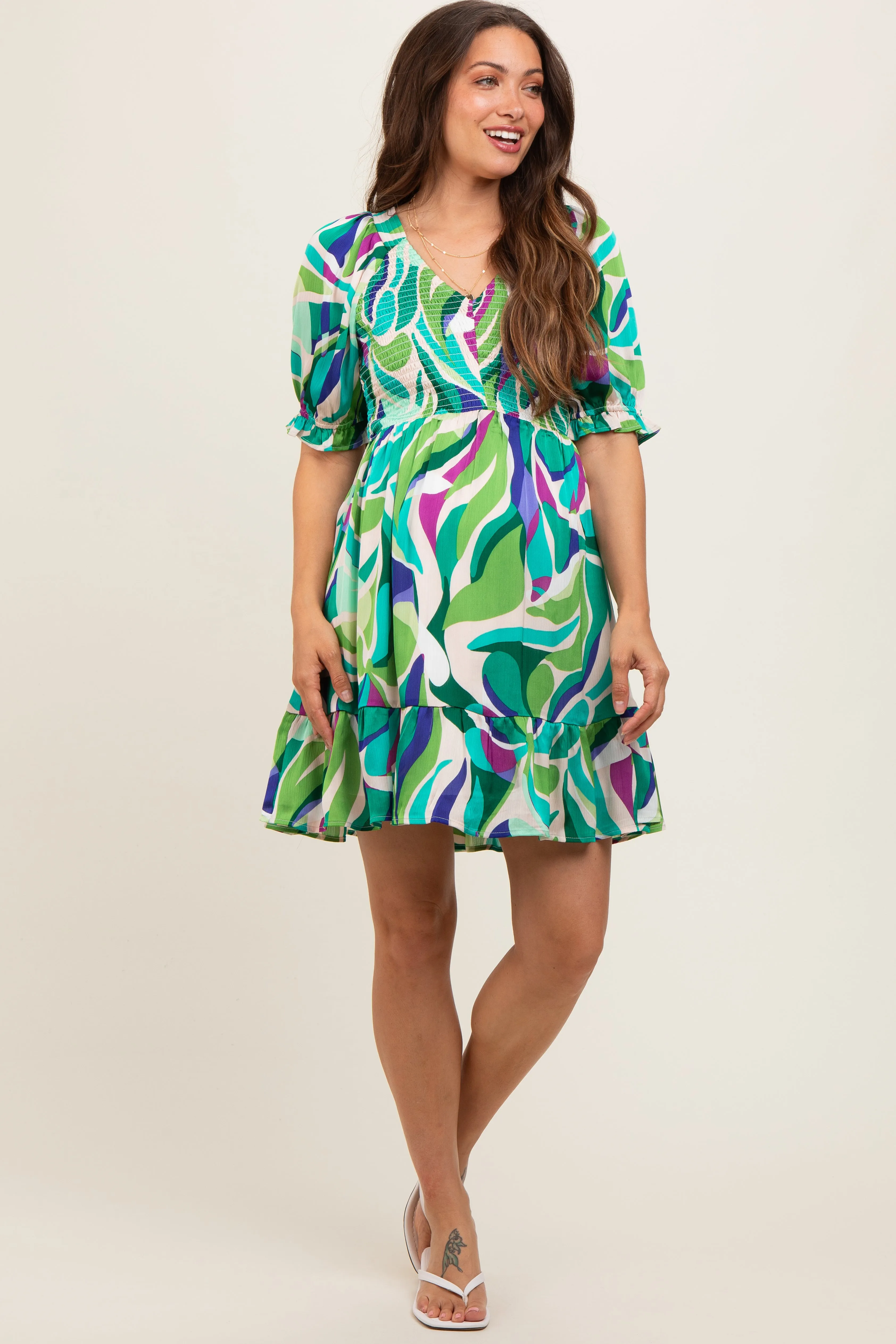 Emerald Green Abstract Print Smocked Maternity Dress sold by Pinkblush product image thumbnail 2