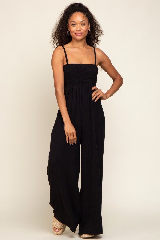 Black Smocked Linen Wide Leg Jumpsuit sold by Pinkblush product image thumbnail 4