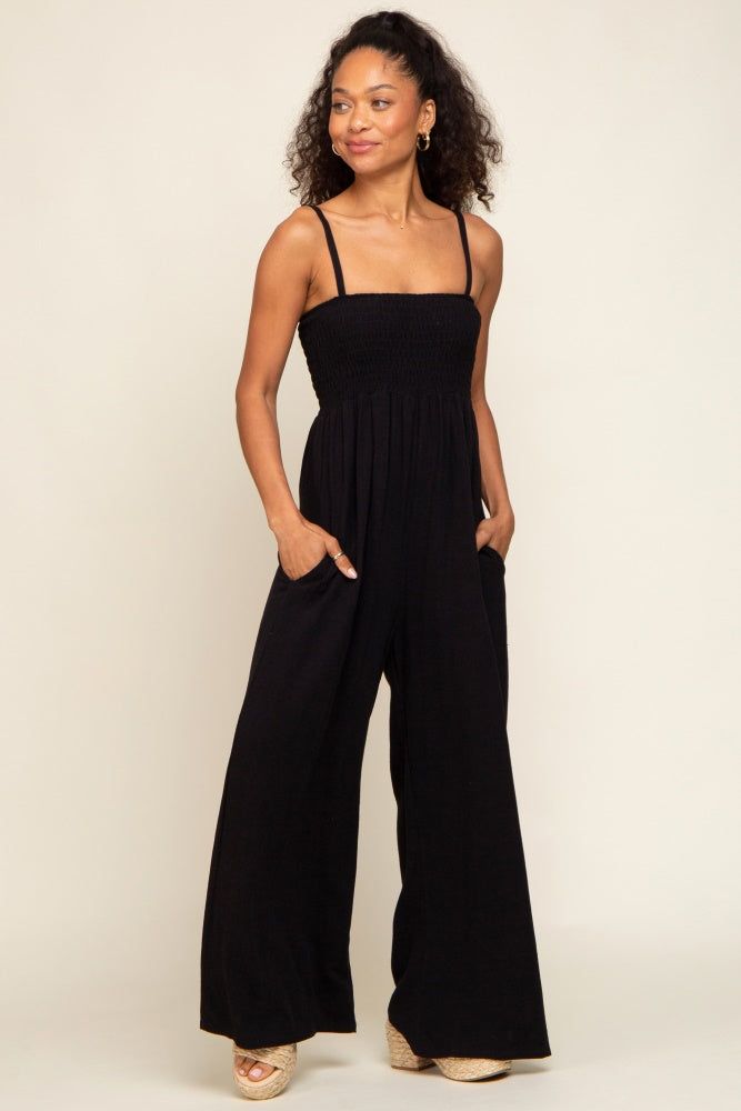 Black Smocked Linen Wide Leg Jumpsuit sold by Pinkblush