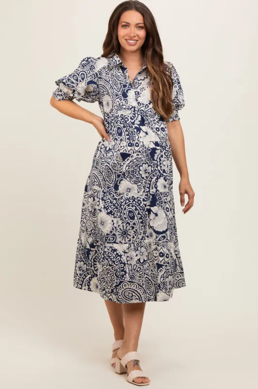Navy Blue Floral Collared Tiered Maternity Midi Dress sold by Pinkblush