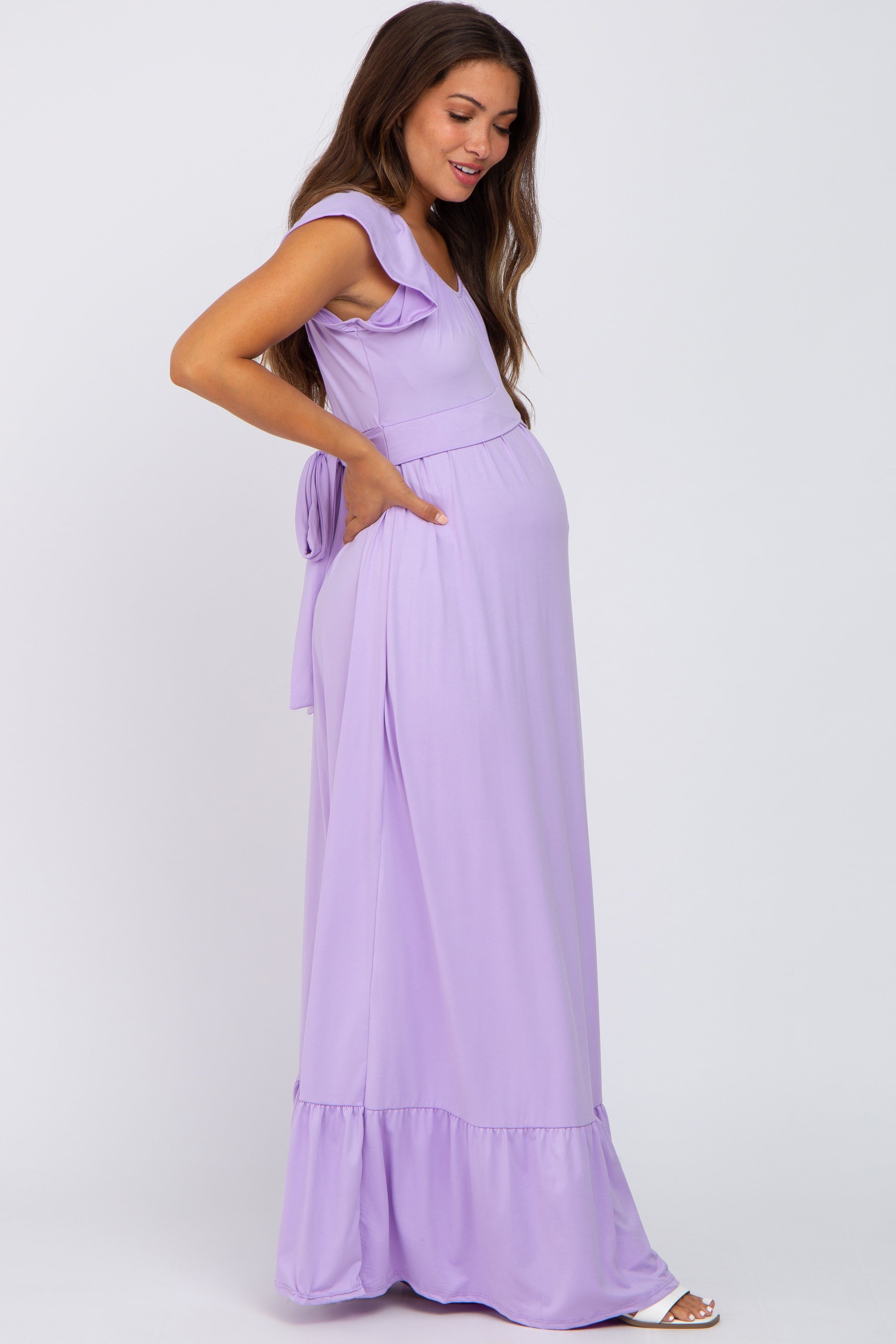 Lavender Off Shoulder Tie Back Maternity Maxi Dress sold by Pinkblush product image thumbnail 2