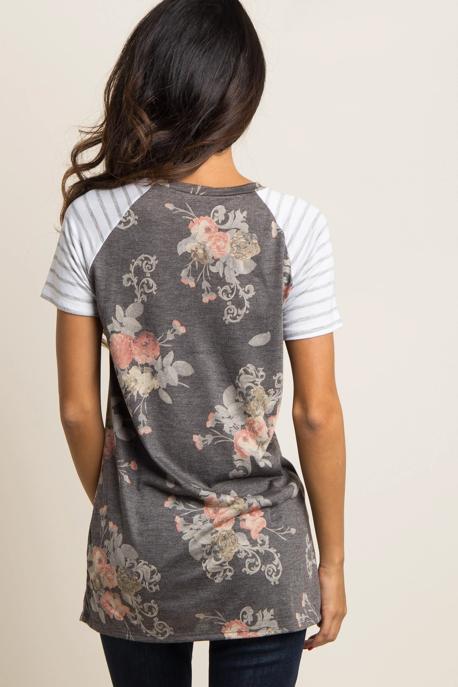 Charcoal Grey Floral Colorblock Striped Sleeve Top sold by Pinkblush product image thumbnail 3