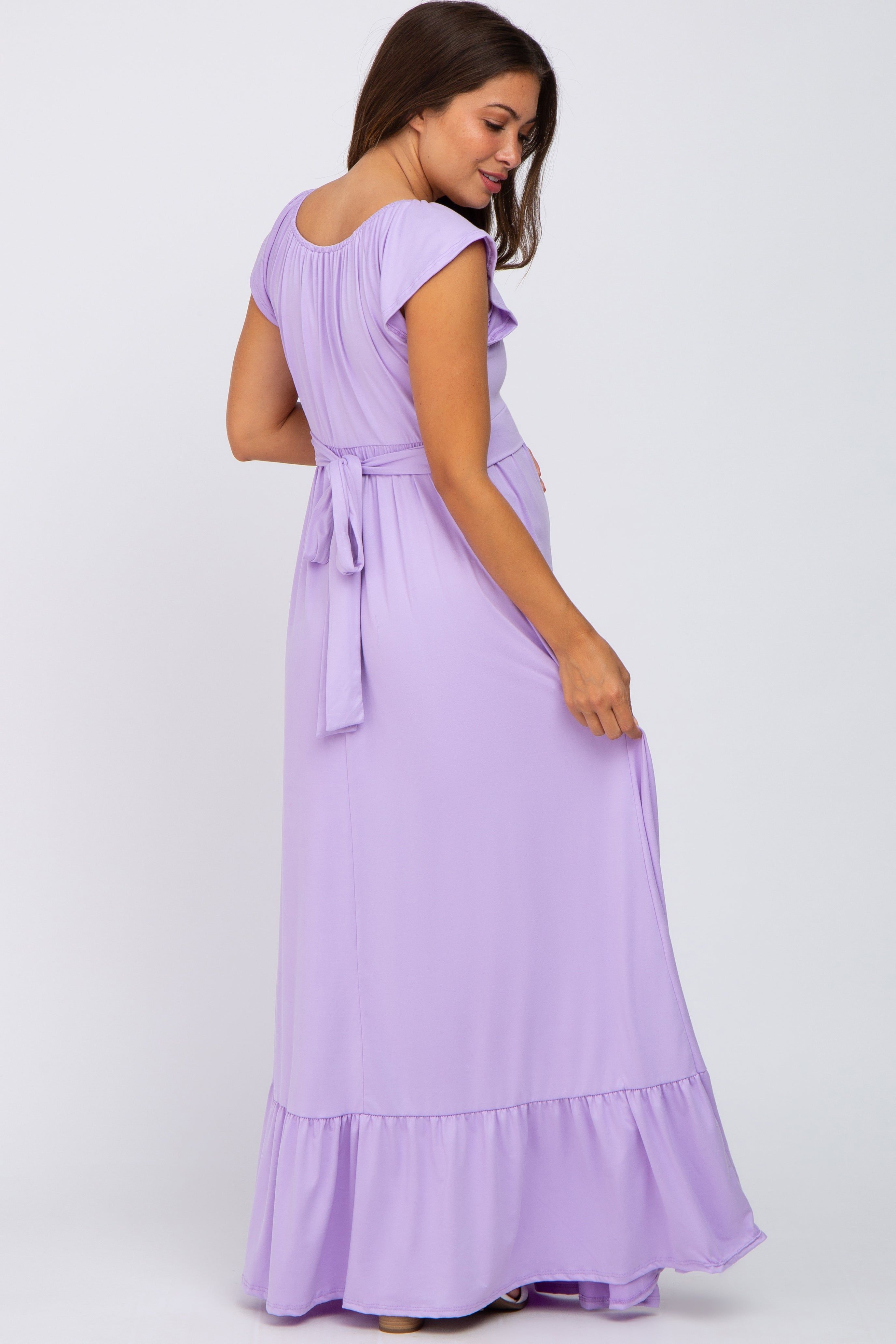 Lavender Off Shoulder Tie Back Maternity Maxi Dress sold by Pinkblush product image thumbnail 3
