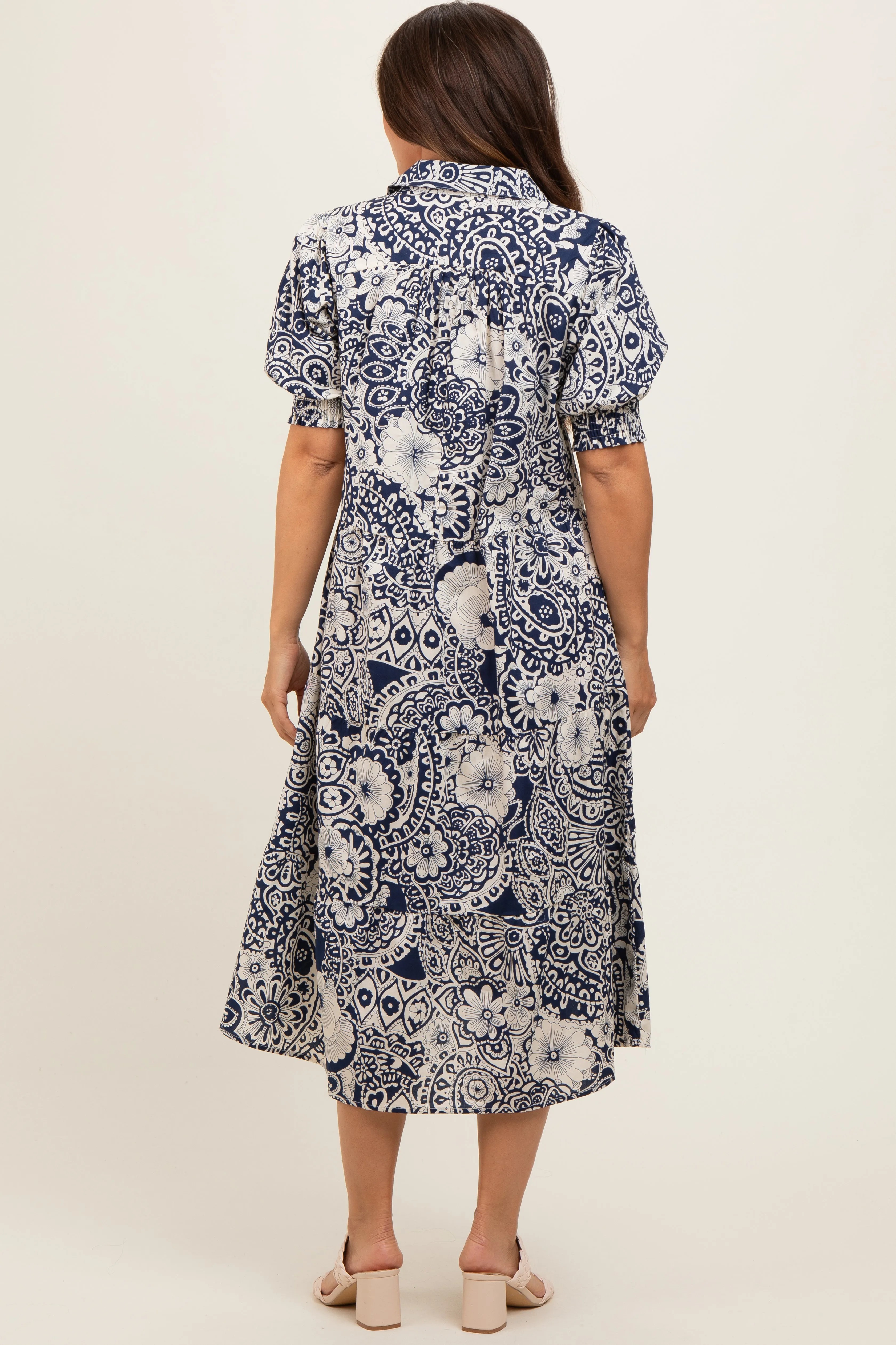 Navy Blue Floral Collared Tiered Maternity Midi Dress sold by Pinkblush product image thumbnail 3