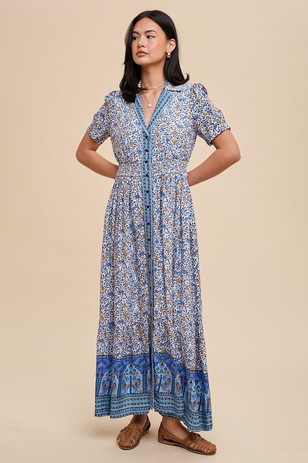 Blue Floral Button Up Midi Dress sold by Pinkblush