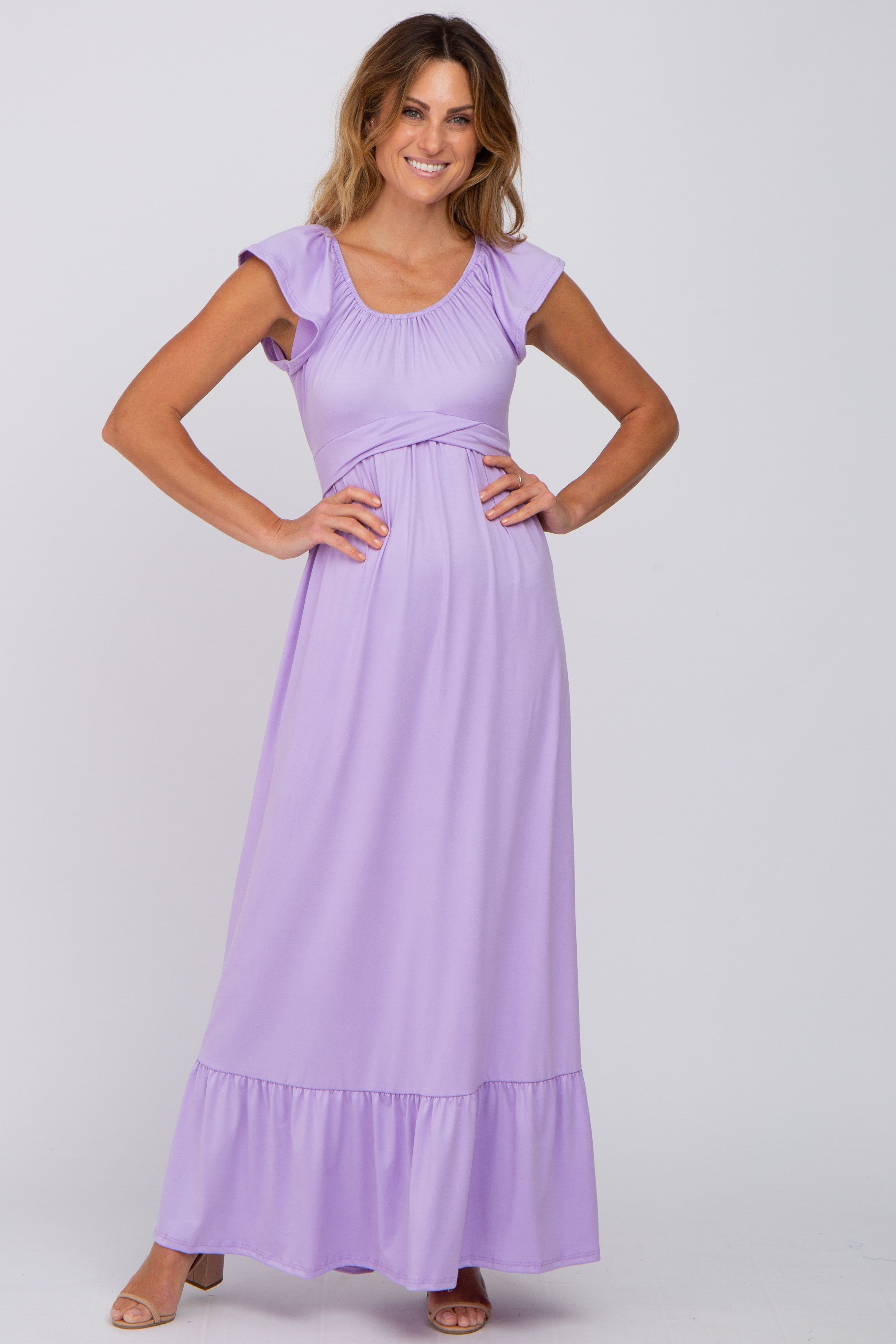 Lavender Off Shoulder Tie Back Maternity Maxi Dress sold by Pinkblush product image thumbnail 4