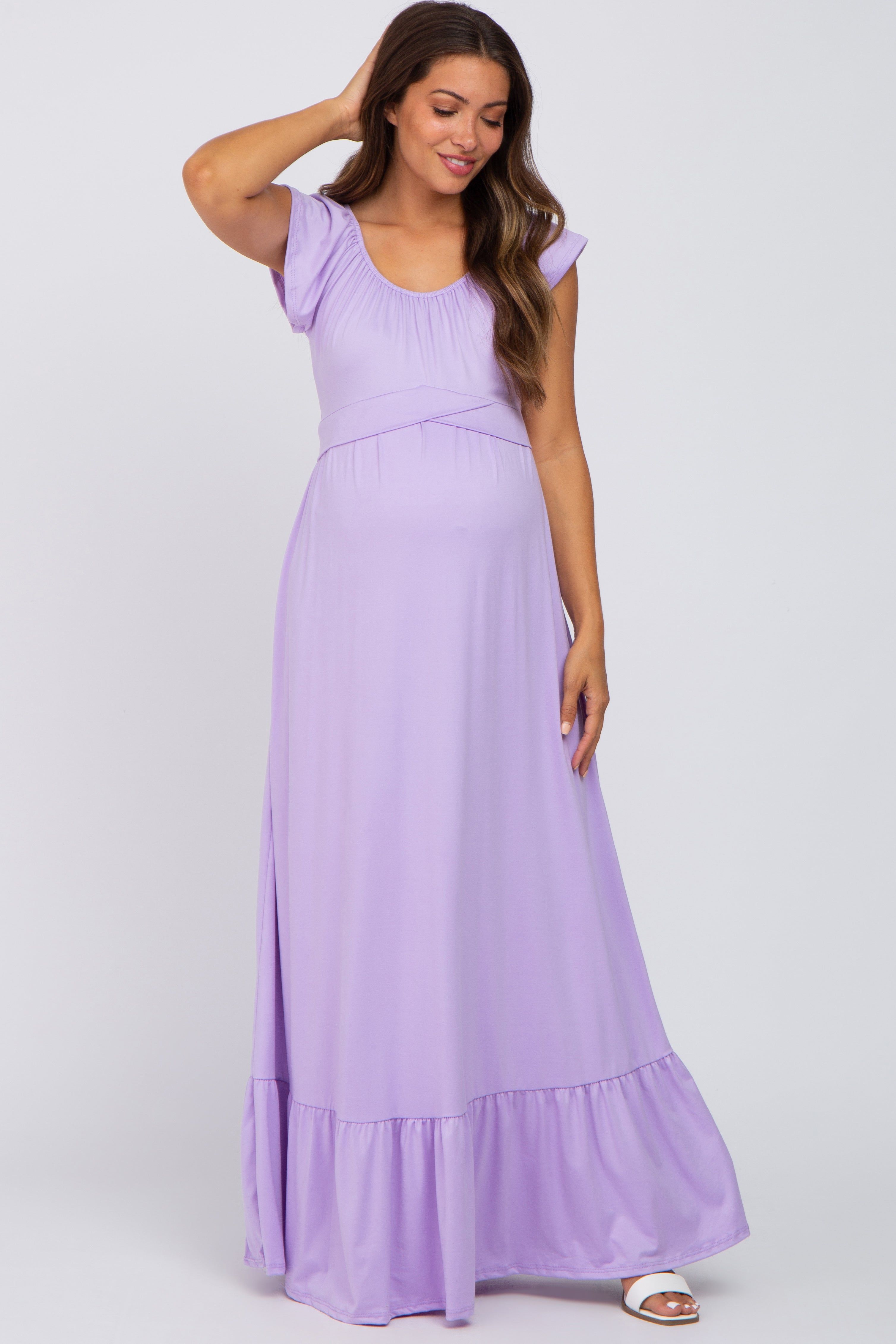 Lavender Off Shoulder Tie Back Maternity Maxi Dress sold by Pinkblush