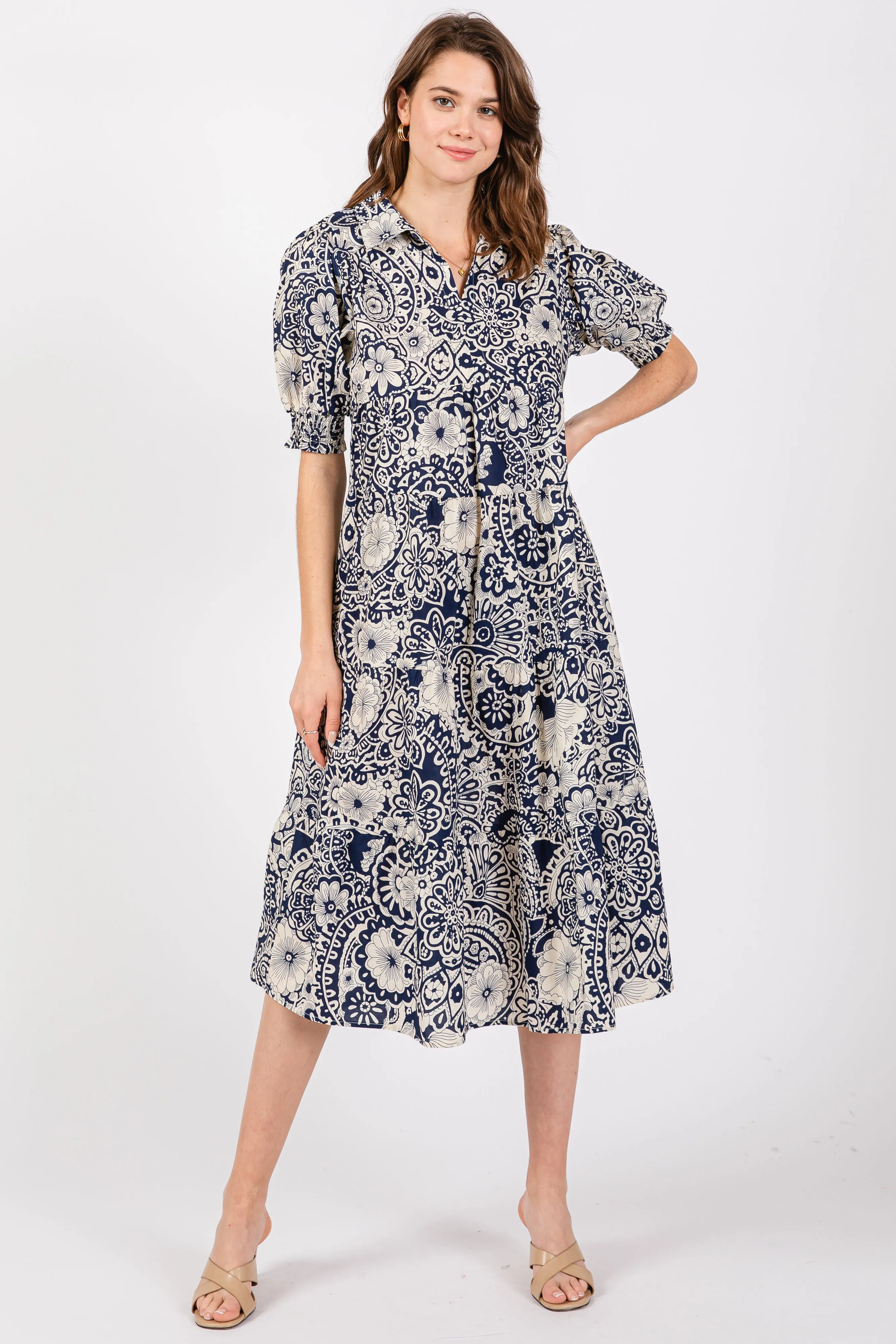 Navy Blue Floral Collared Tiered Maternity Midi Dress sold by Pinkblush product image thumbnail 4