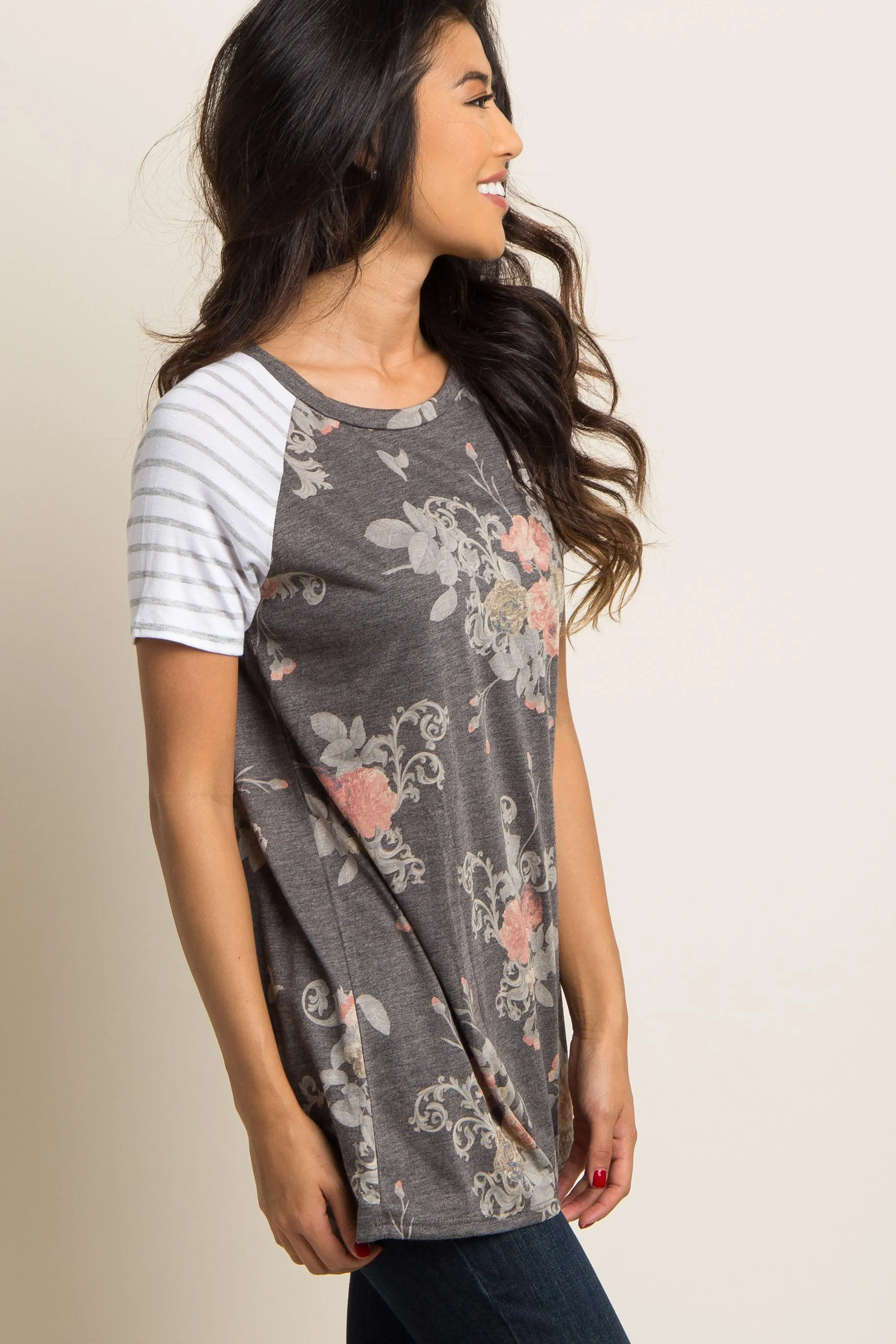 Charcoal Grey Floral Colorblock Striped Sleeve Top sold by Pinkblush product image thumbnail 2