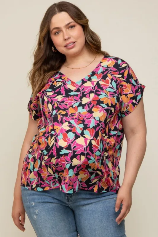 Black Floral V-Neck Short Sleeve Maternity Plus Top sold by Pinkblush