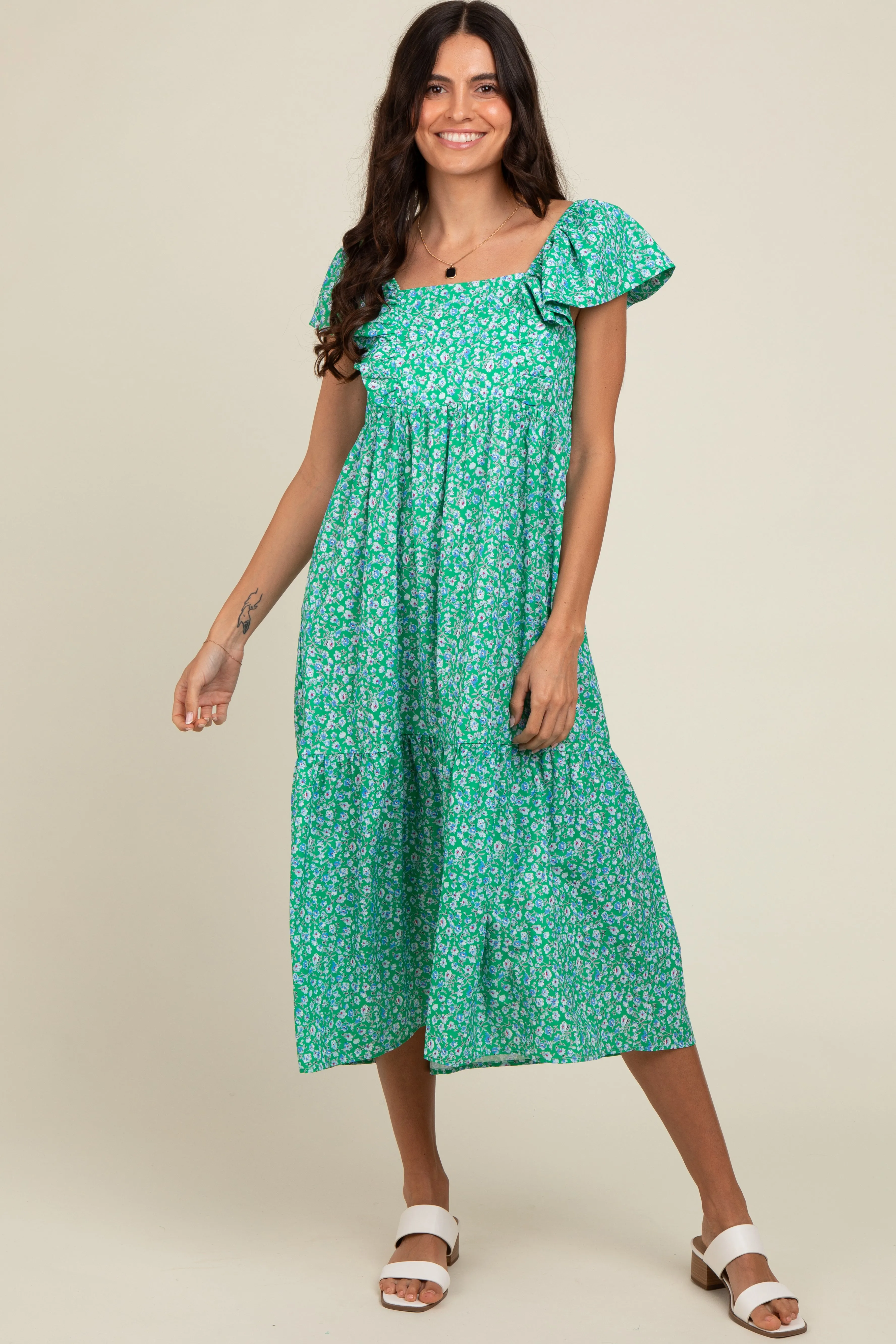 Green Floral Ruffle Off Shoulder Maternity Midi Dress sold by Pinkblush product image thumbnail 3