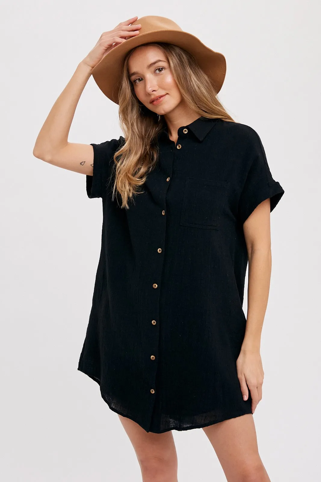 Black Button Up Shirt Dress With Pocket sold by Pinkblush