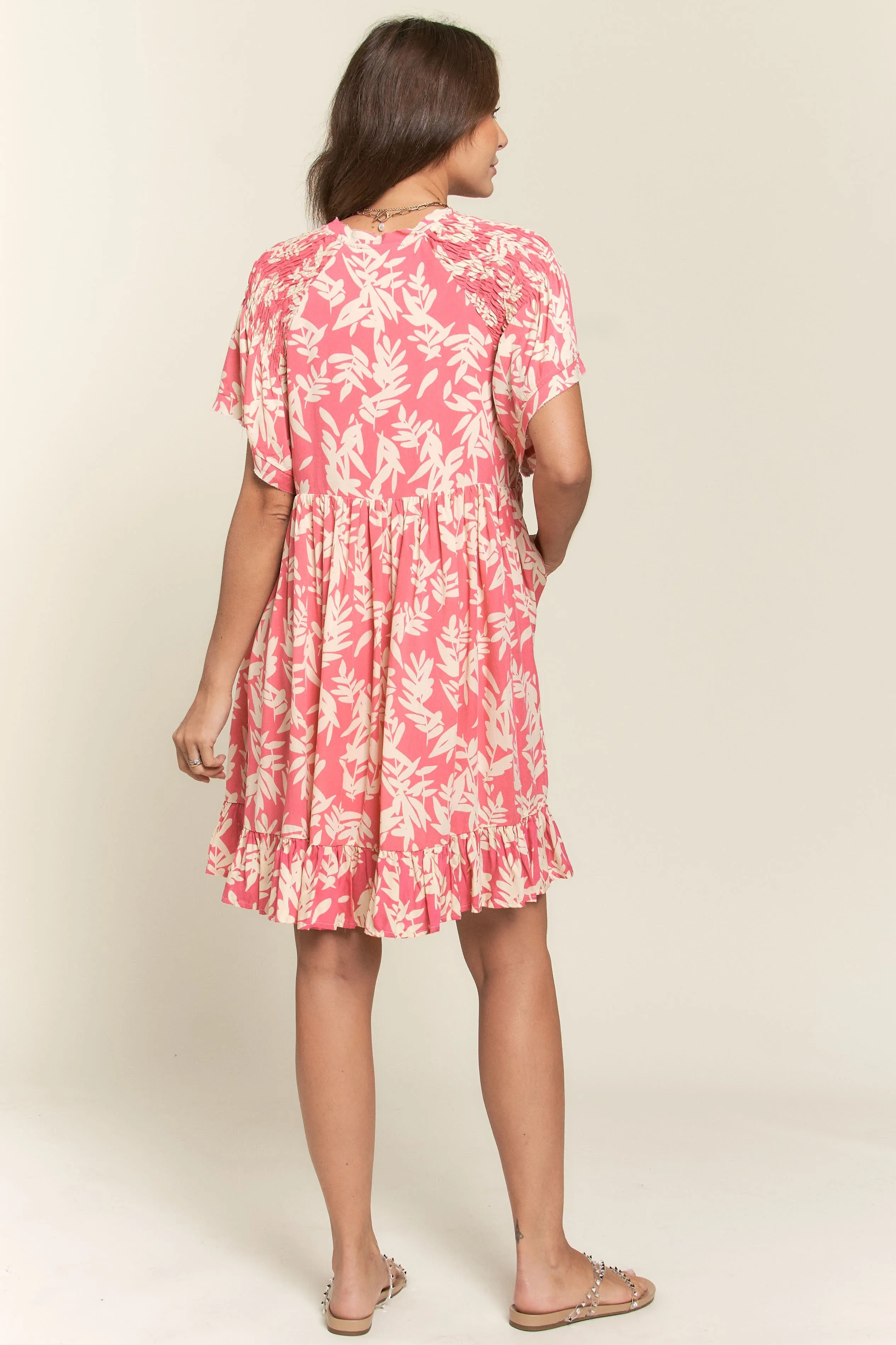 Pink Button Down Pleated Leaf Print Dress sold by Pinkblush product image thumbnail 4