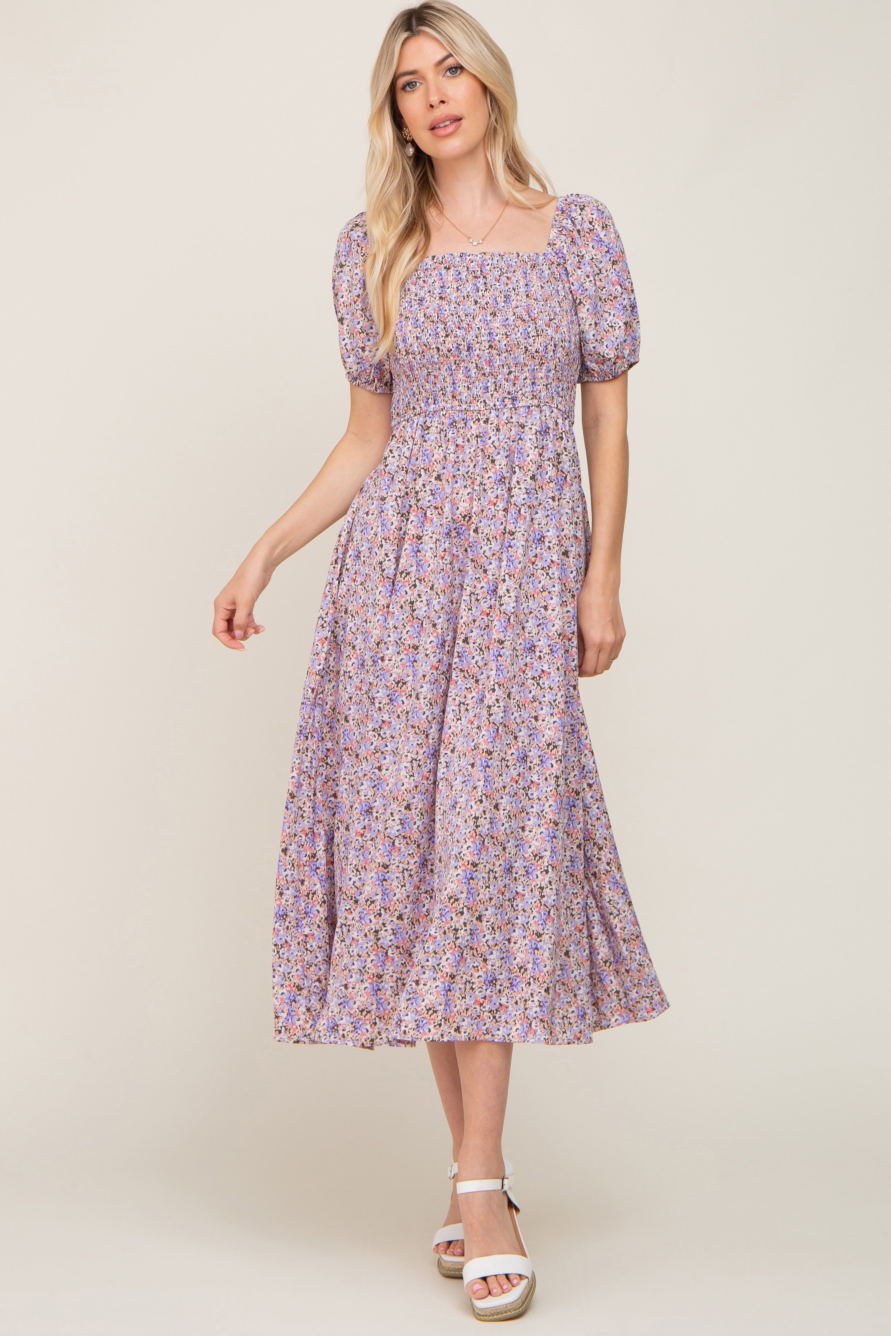 Purple Abstract Floral Smocked Midi Dress sold by Pinkblush