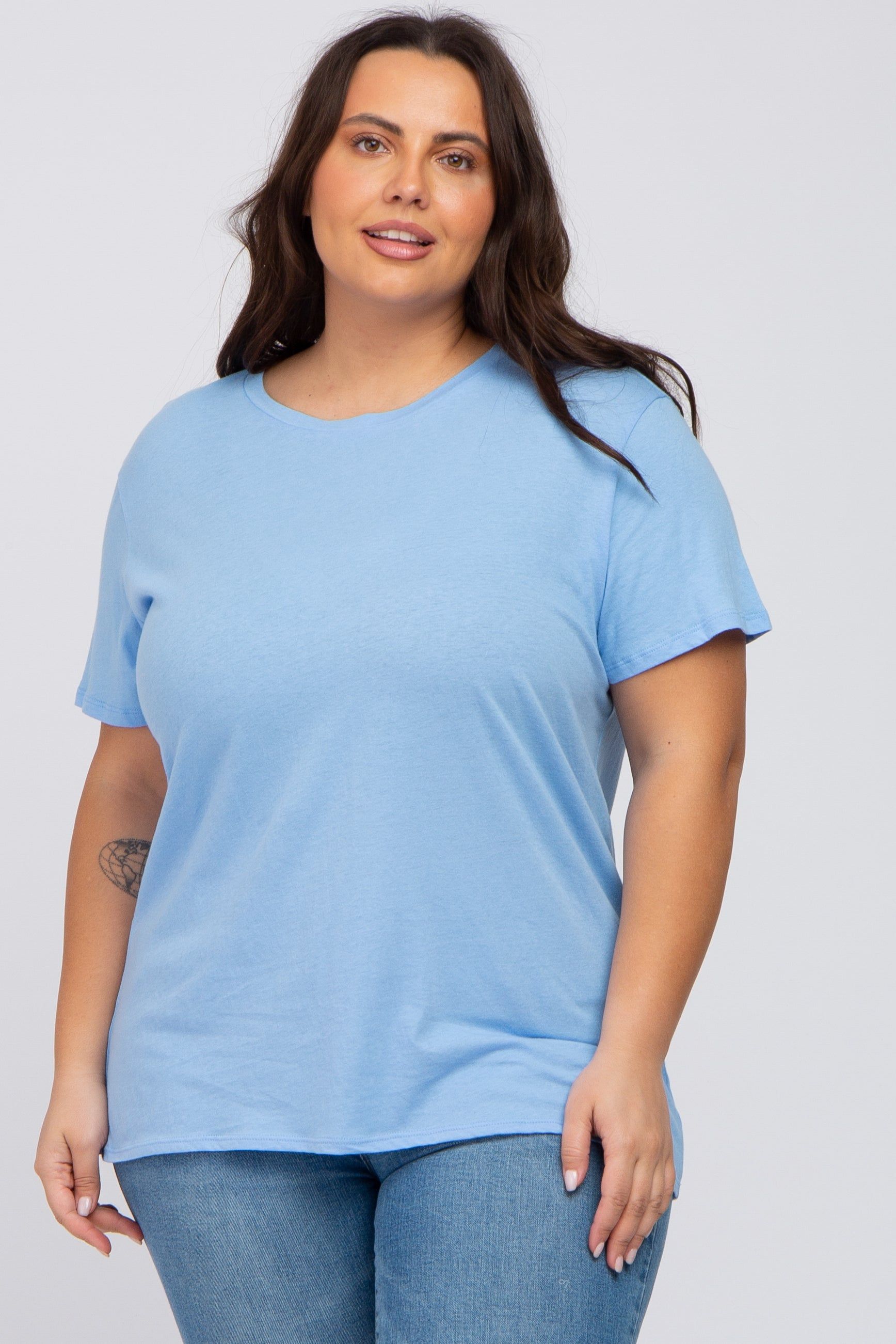 Light Blue Solid Short Sleeve Plus Top sold by Pinkblush