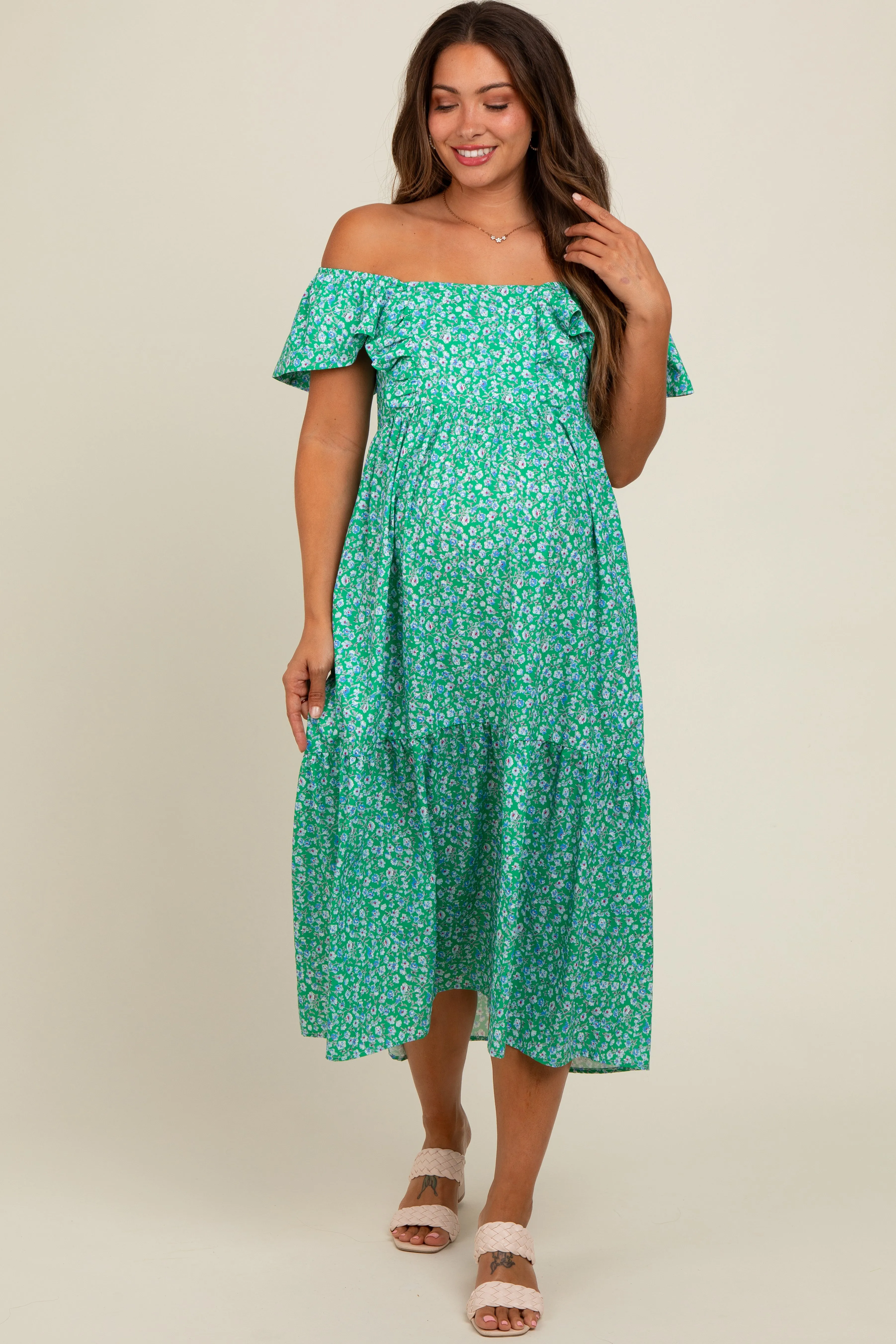 Green Floral Ruffle Off Shoulder Maternity Midi Dress sold by Pinkblush
