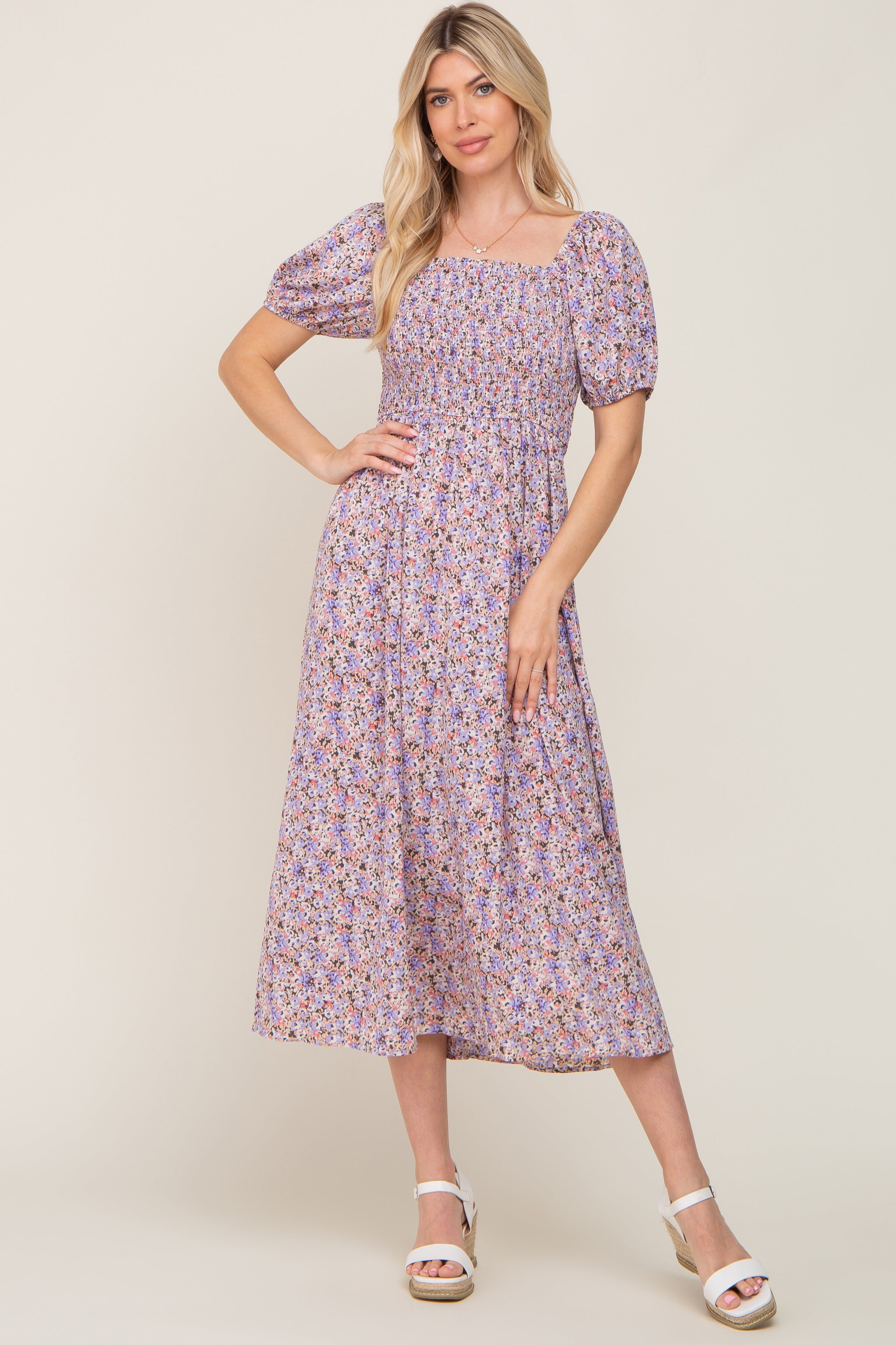 Purple Abstract Floral Smocked Midi Dress sold by Pinkblush product image thumbnail 5