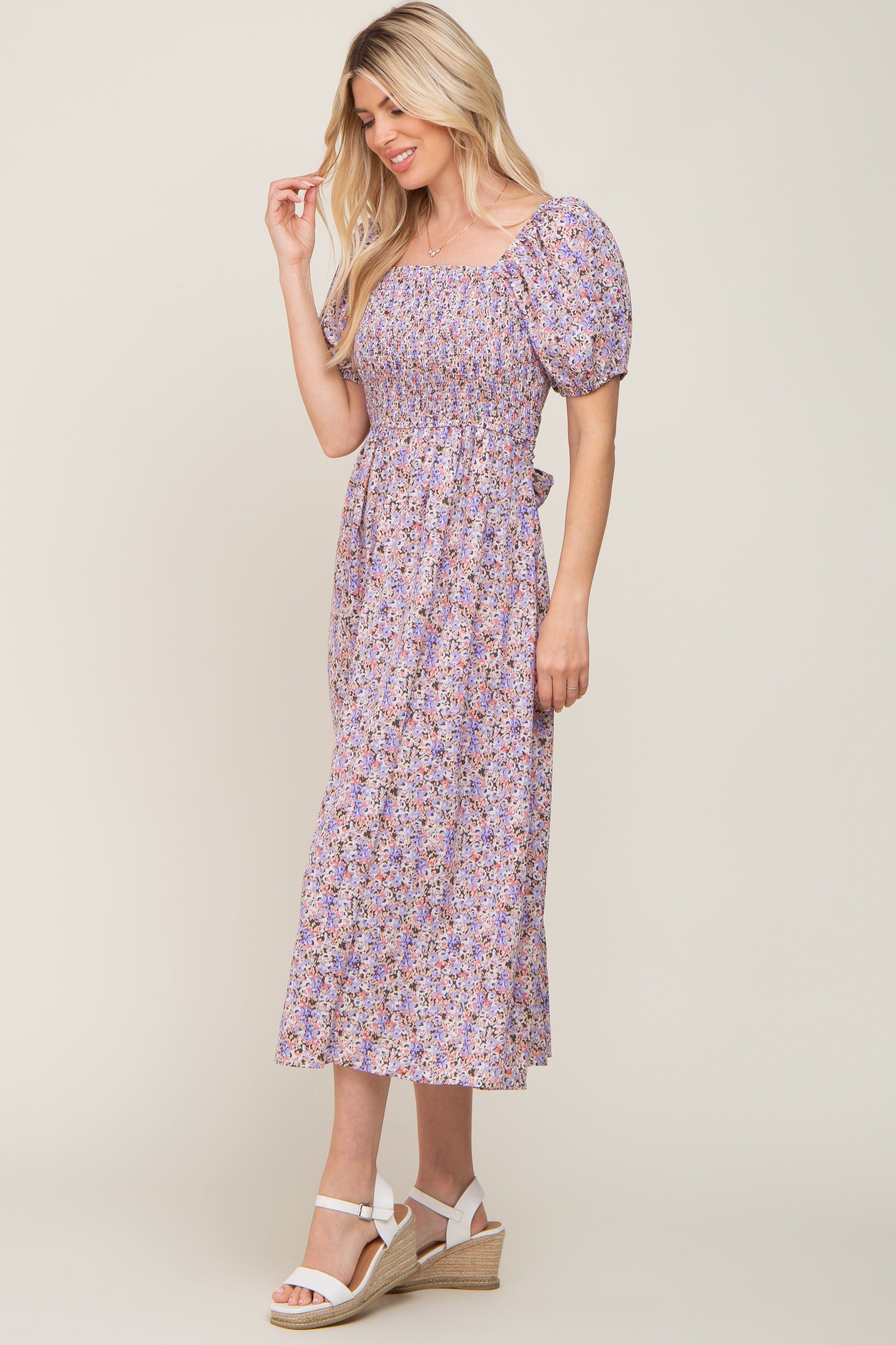Purple Abstract Floral Smocked Midi Dress sold by Pinkblush product image thumbnail 2