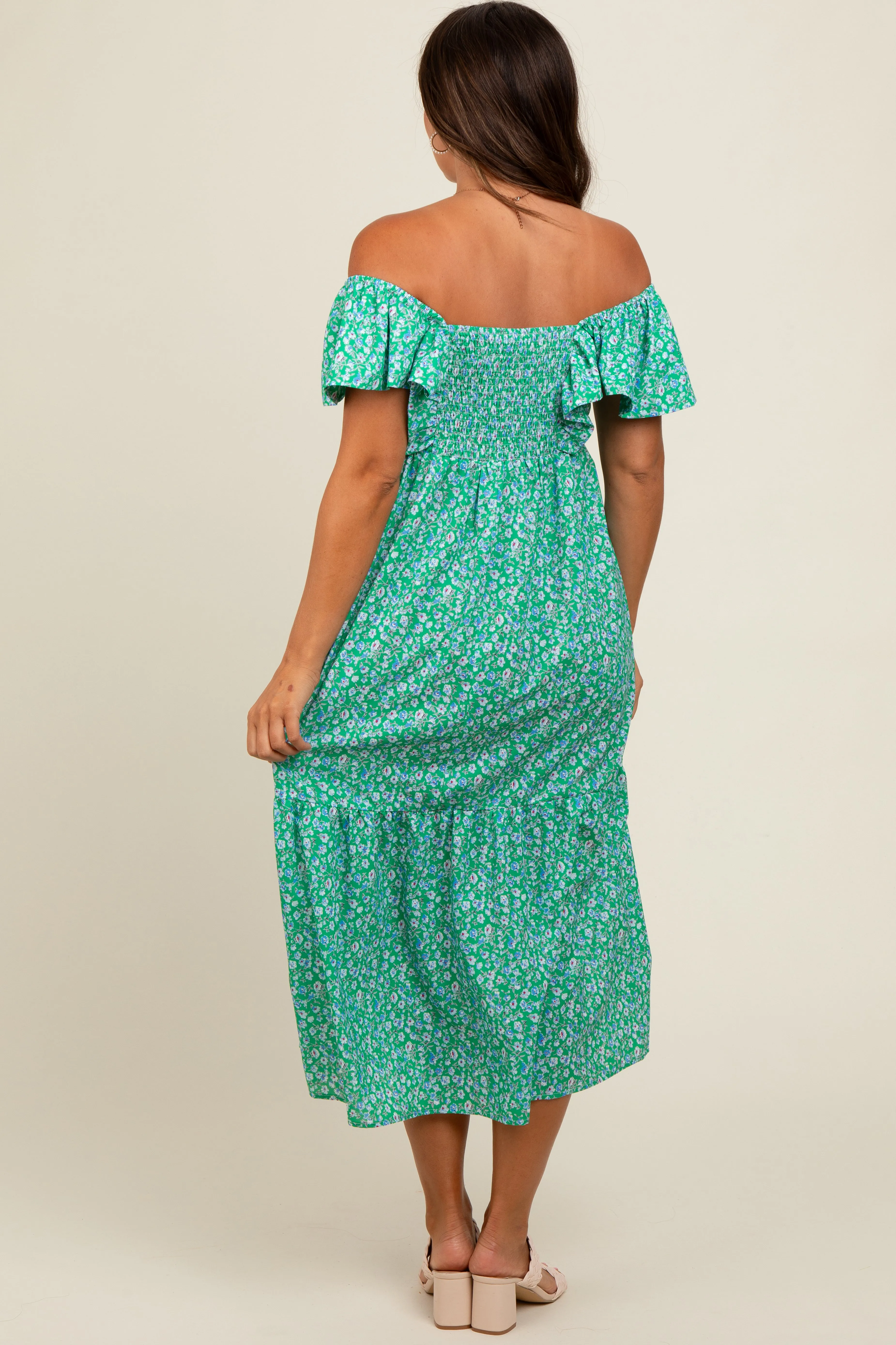 Green Floral Ruffle Off Shoulder Maternity Midi Dress sold by Pinkblush product image thumbnail 2