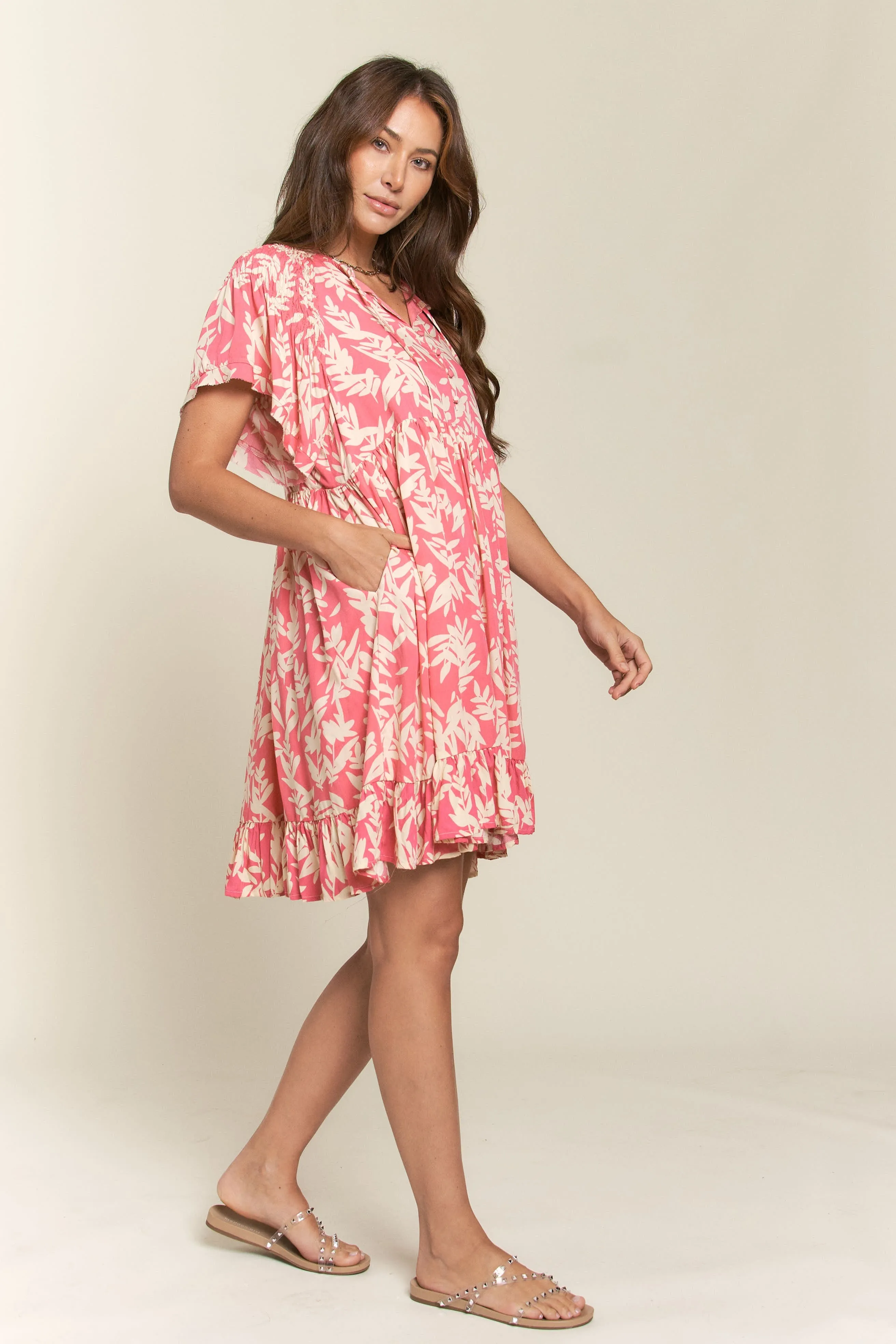 Pink Button Down Pleated Leaf Print Dress sold by Pinkblush product image thumbnail 3