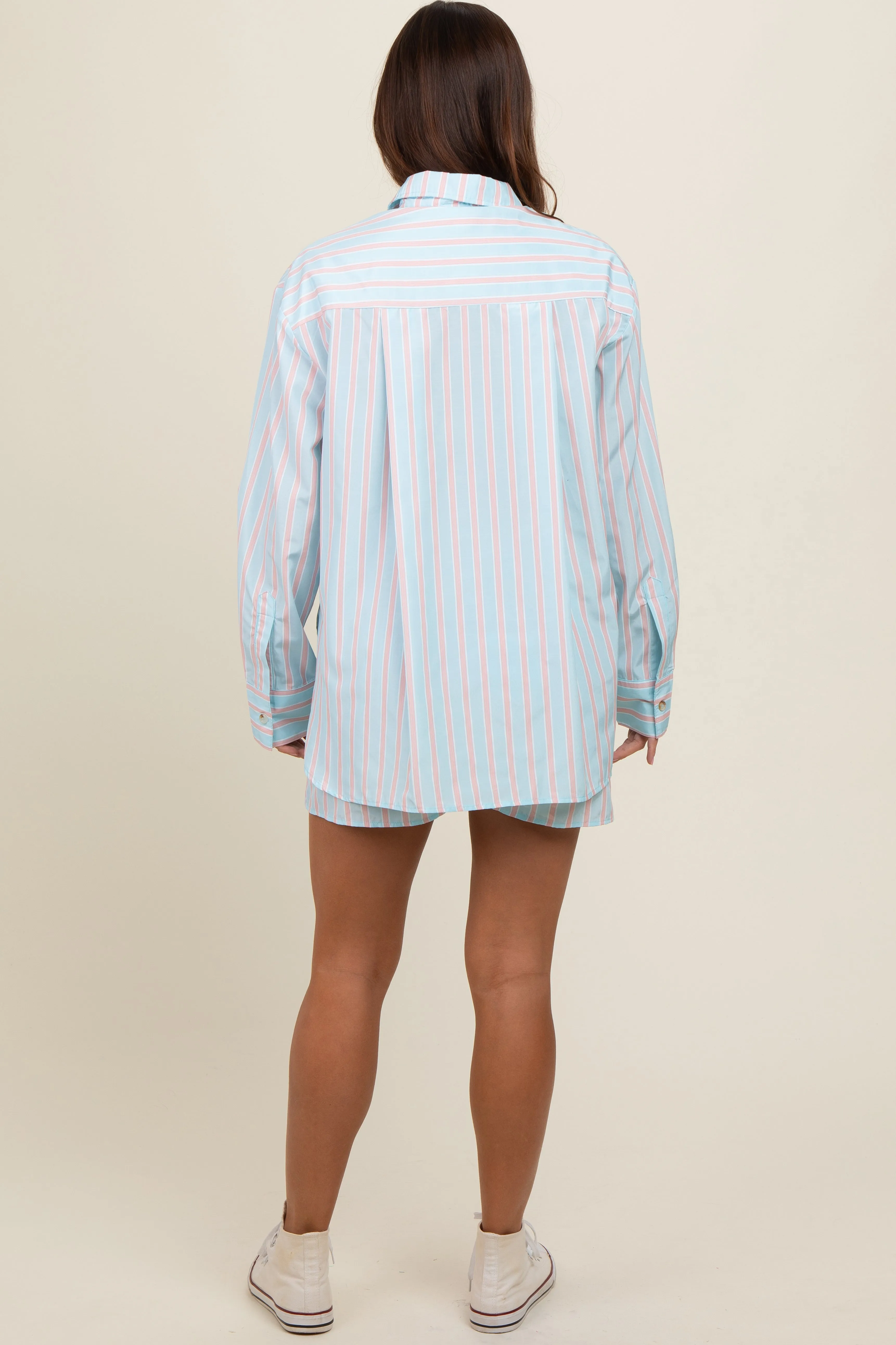 Light Blue Striped Button Down Top and Short Maternity Set sold by Pinkblush product image thumbnail 3