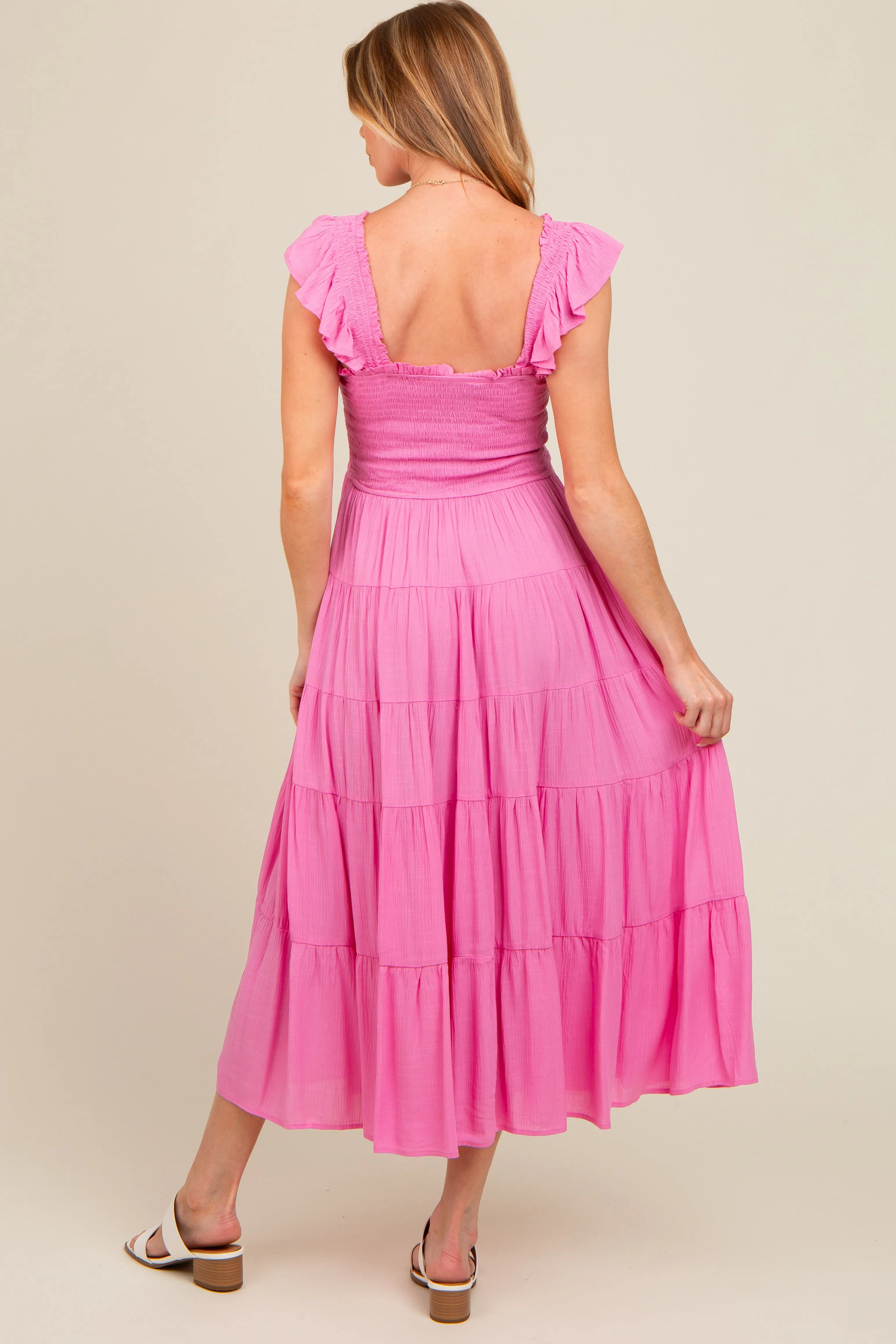 Fuchsia Smocked Tiered Ruffle Strap Maternity Midi Dress sold by Pinkblush product image thumbnail 3