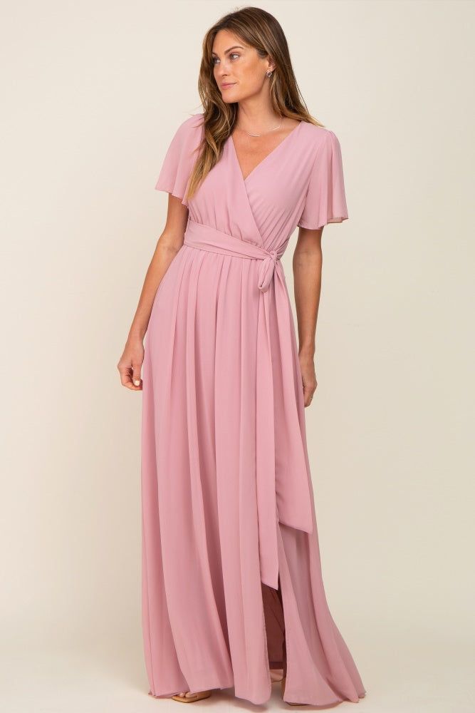 Pink Chiffon Short Sleeve Wrap V-Neck Front Slit Maternity Maxi Dress sold by Pinkblush product image thumbnail 5