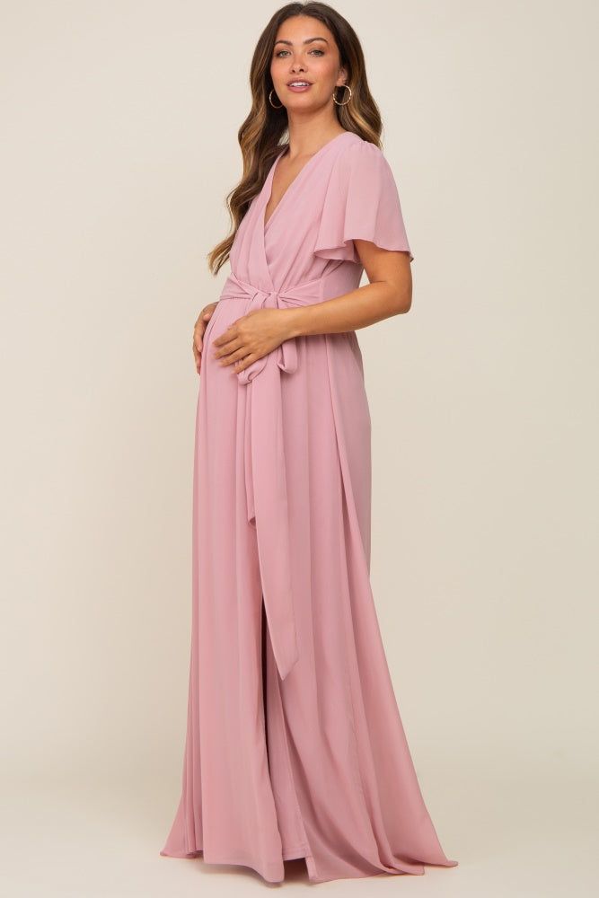 Pink Chiffon Short Sleeve Wrap V-Neck Front Slit Maternity Maxi Dress sold by Pinkblush product image thumbnail 2