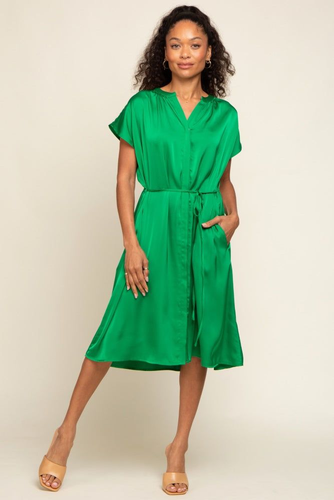 Green Satin Button Front Waist Tie Midi Dress sold by Pinkblush product image thumbnail 4