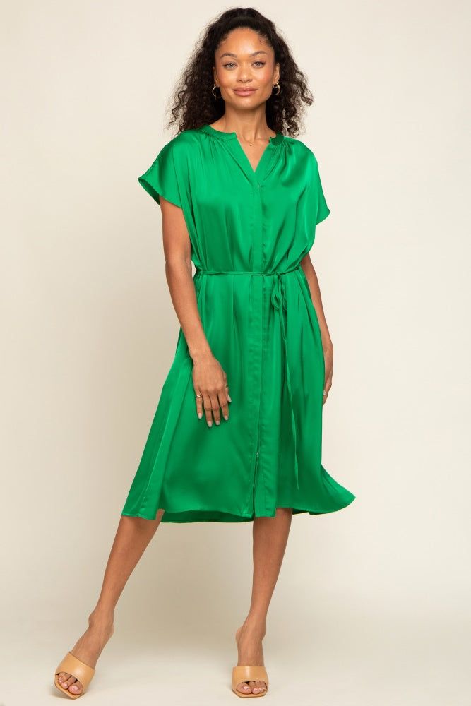 Green Satin Button Front Waist Tie Midi Dress sold by Pinkblush