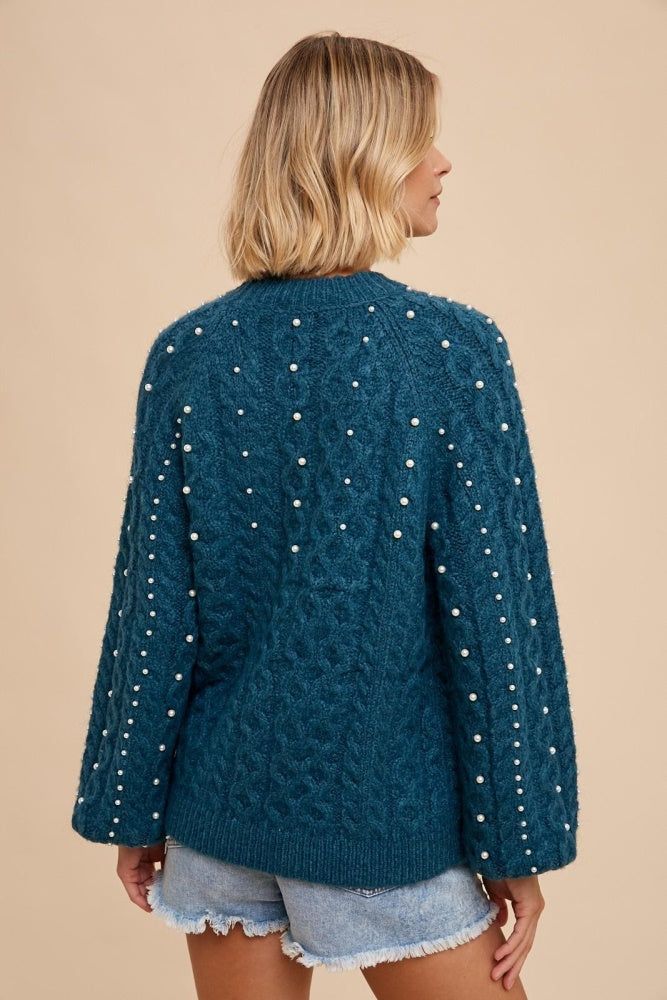 Emerald Pearl Detail Fuzzy Cable Knit Sweater sold by Pinkblush product image thumbnail 3