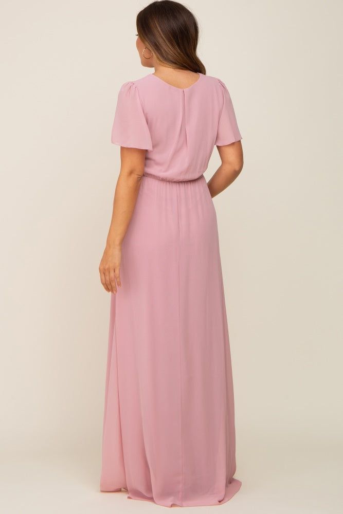 Pink Chiffon Short Sleeve Wrap V-Neck Front Slit Maternity Maxi Dress sold by Pinkblush product image thumbnail 3