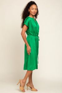 Green Satin Button Front Waist Tie Midi Dress sold by Pinkblush