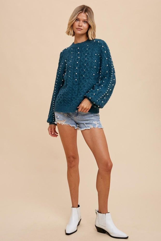 Emerald Pearl Detail Fuzzy Cable Knit Sweater sold by Pinkblush product image thumbnail 4