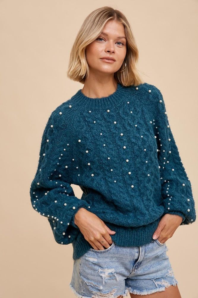 Emerald Pearl Detail Fuzzy Cable Knit Sweater sold by Pinkblush
