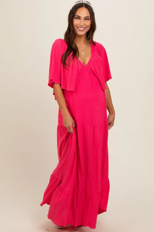 Coral Flounce Sleeve Tiered Maternity Dress sold by Pinkblush