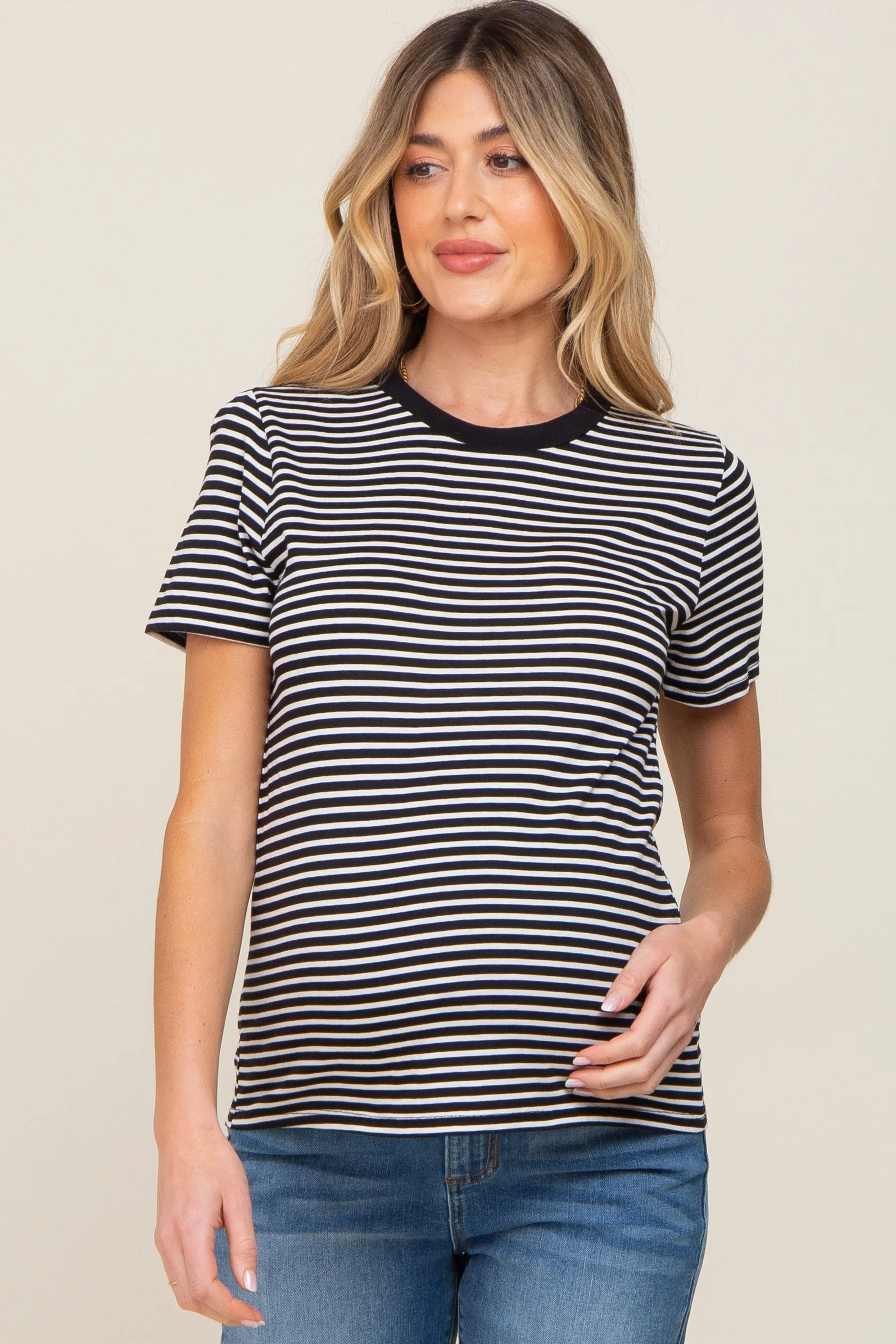 Black Striped Basic Maternity Tee sold by Pinkblush